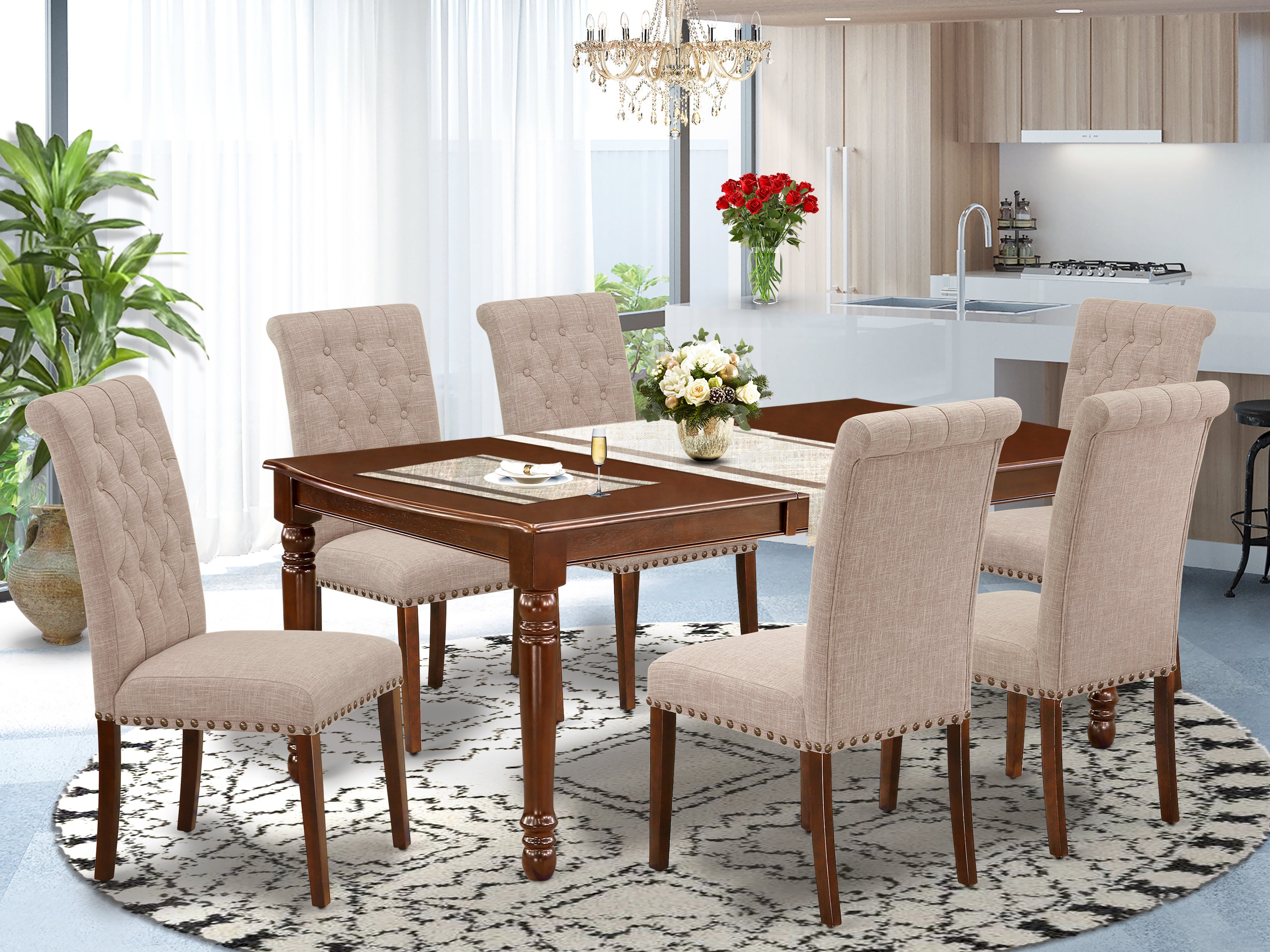 DOBR7-MAH-04 7Pc Dinette Set Includes a Rectangular Kitchen Table with Butterfly Leaf and Six Parson Chairs with Light Fawn Fabric, Mahogany Finish