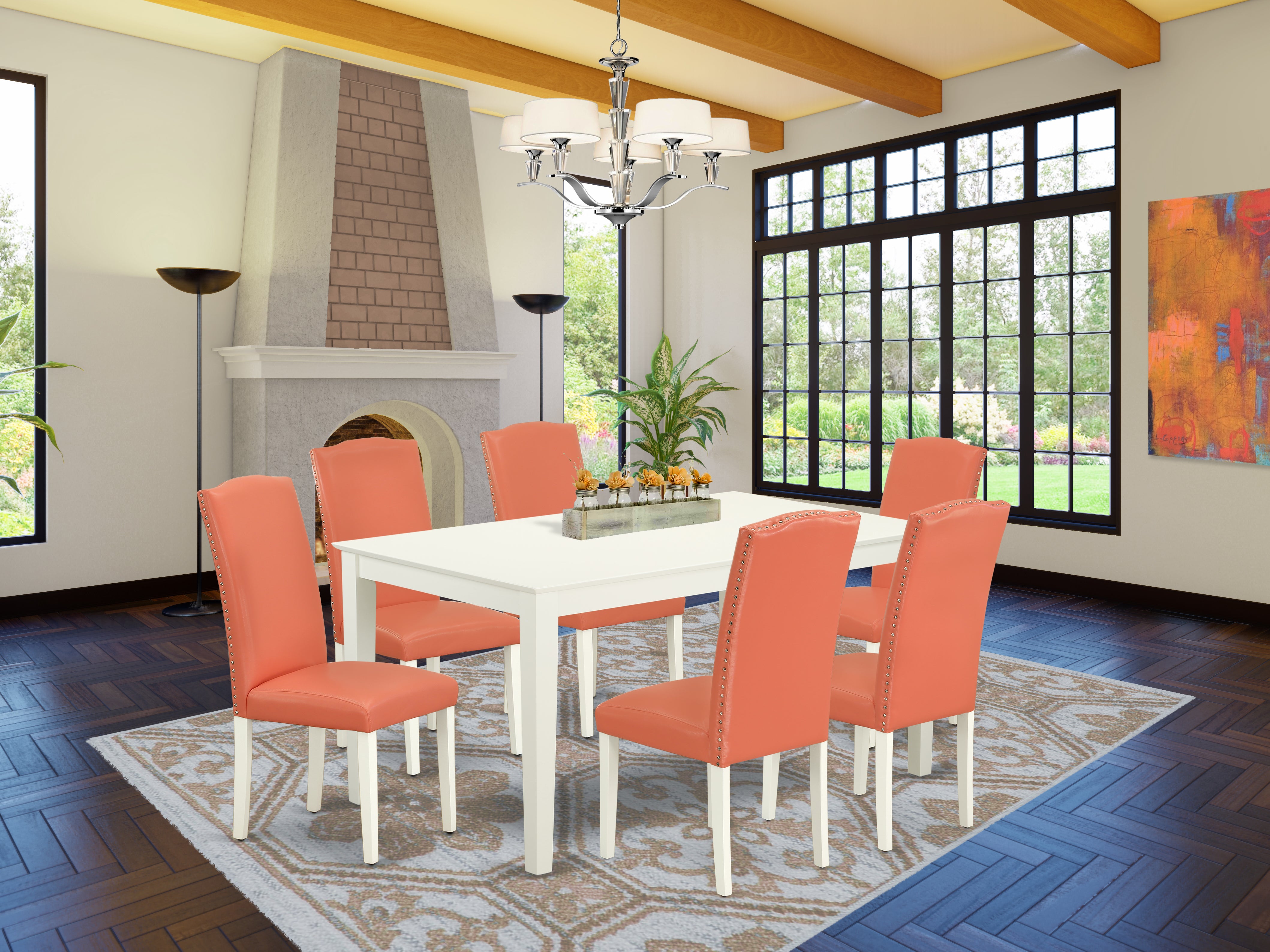 CAEN7-LWH-78 7Pc Rectangle 60" Dining Table And 6 Parson Chair With Linen White Leg And Pu Leather Color Pink Flamingo