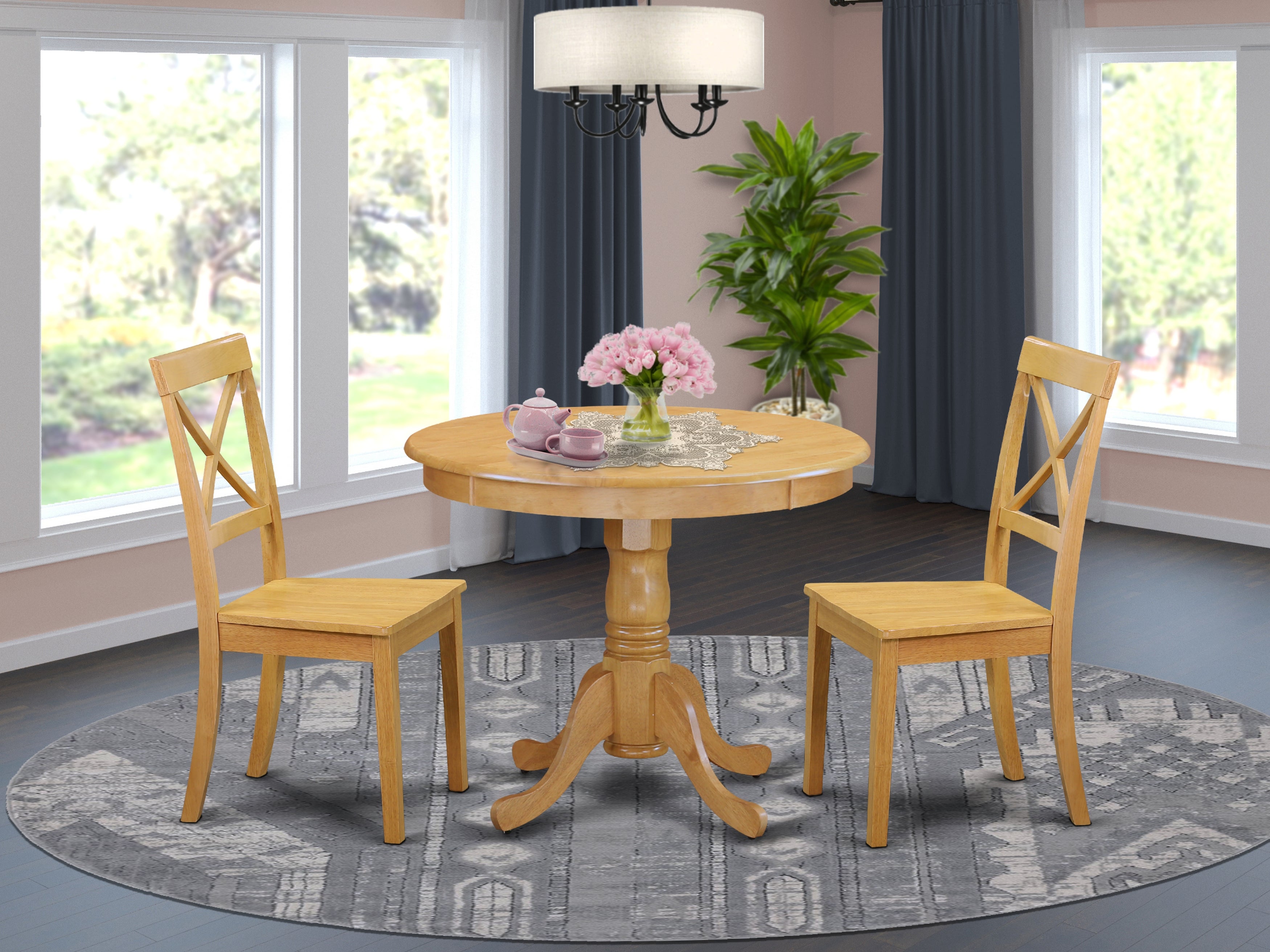 ANBO3-OAK-W 3 Pc Kitchen table set with a Dining Table and 2 Wood Seat Chairs in Oak