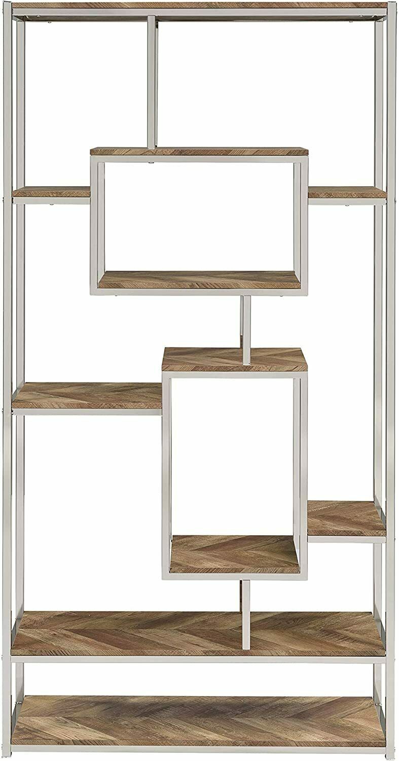 Felsberg 10-Shelf Bookcase Rustic Tobacco Herringbone and Nickel