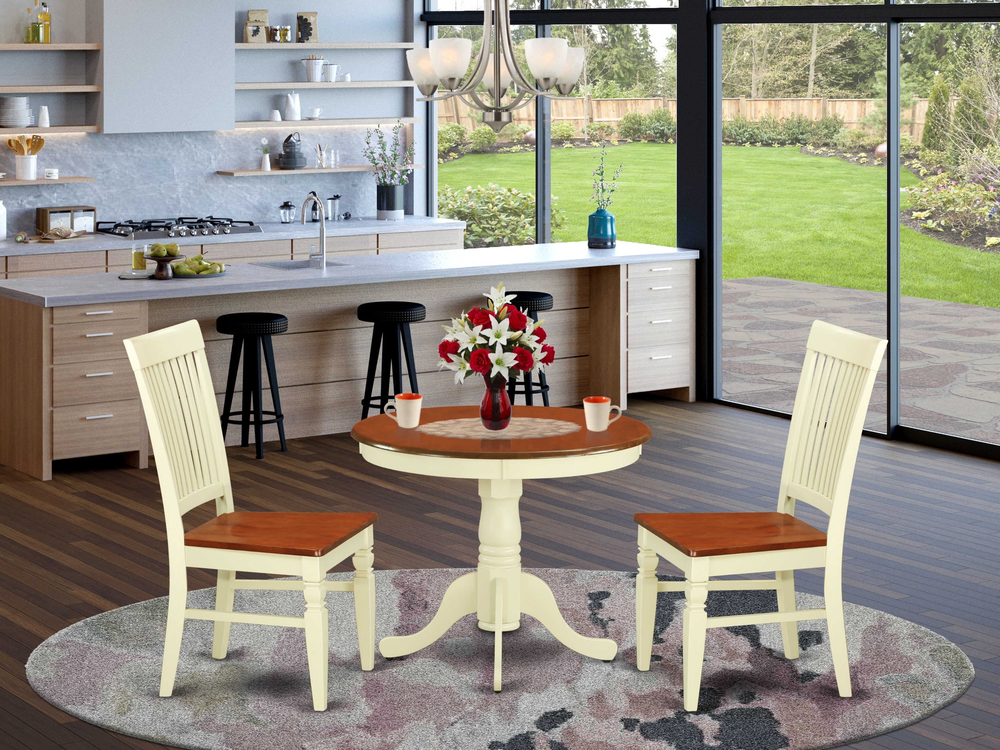 ANWE3-BMK-W 3 Pc Kitchen table set with a Kitchen Table and 2 Wood Seat Kitchen Chairs in Buttermilk and Cherry