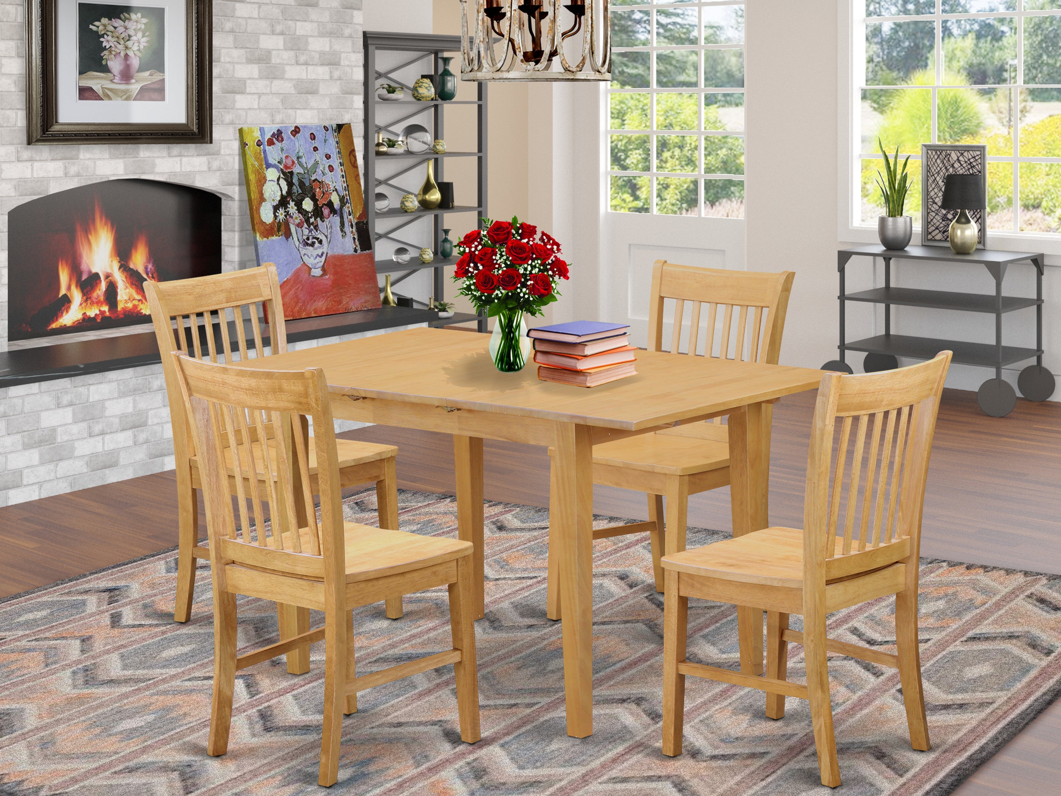 5 Pc Kitchen Nook Dining Table with 12in leaf & 4 Dining Chairs Set In Oak