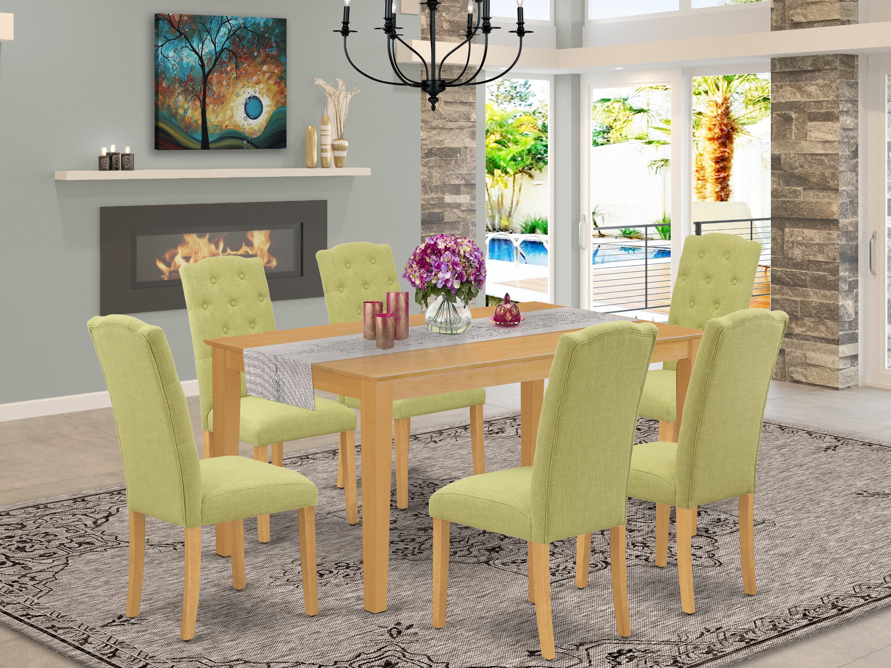 CACE7-OAK-07 7Pc Dinette Set Includes a Rectangular Kitchen Table and Six Parson Chairs with Lime Green Fabric, Oak Finish