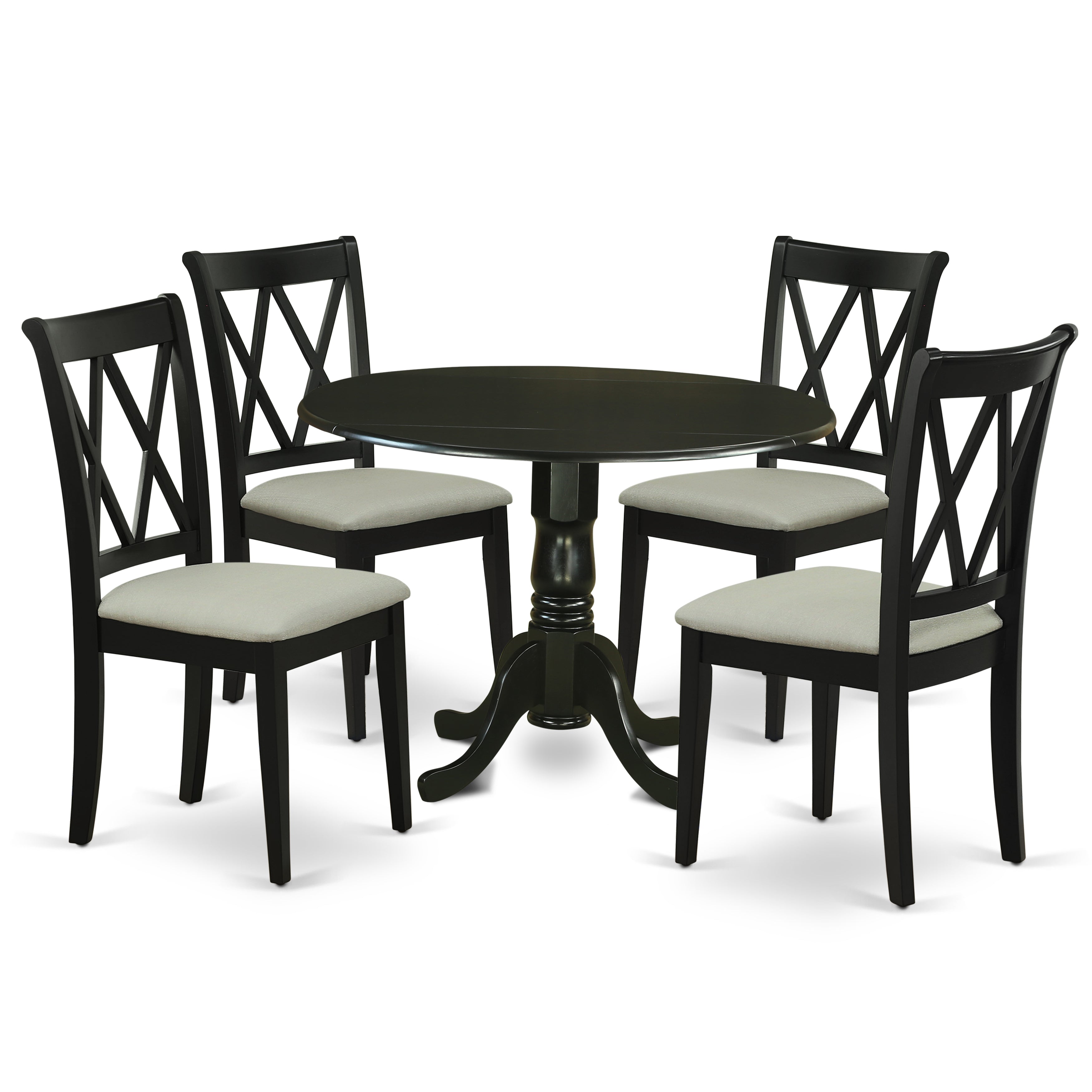 DLCL5-BLK-C 5Pc Dining Set Includes a Round Dinette Table with Drop Leaves and Four Double X Back Microfiber Seat Kitchen Chairs, Black Finish