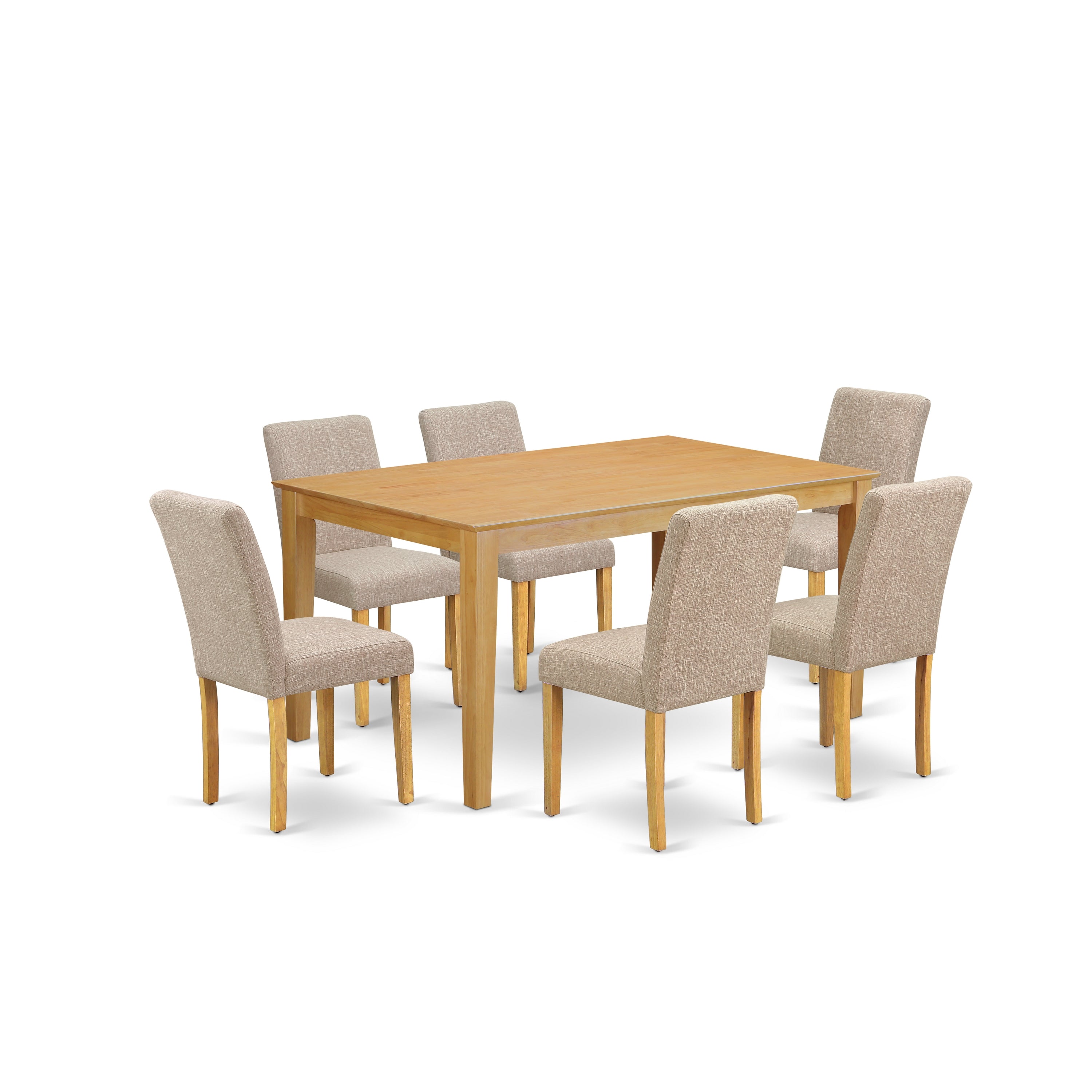 CAAB7-OAK-04 7Pc Rectangle 60" Dining Table And 6 Parson Chair With Oak Leg And Linen Fabric Light Fawn