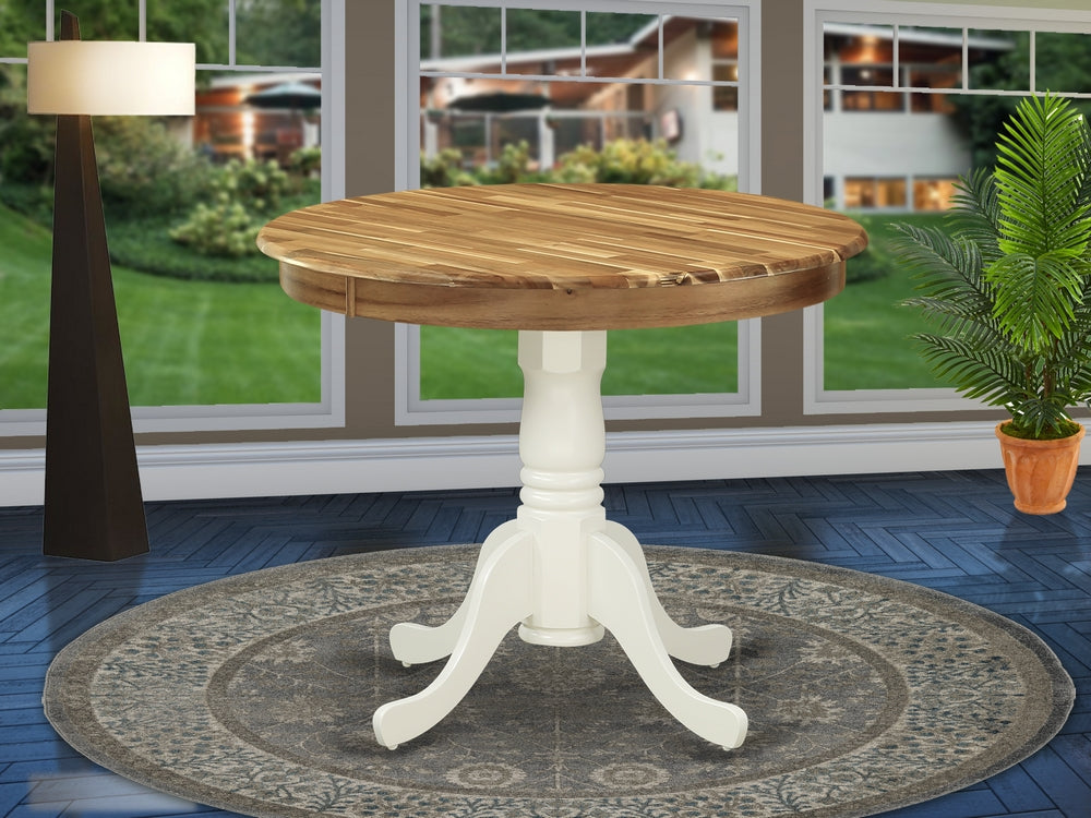 AMT-NLW-TP Antique Dining Table Made of Acacia Wood offering Wood Texture Table Top, 36 Inch Round, Linen White Pedestal