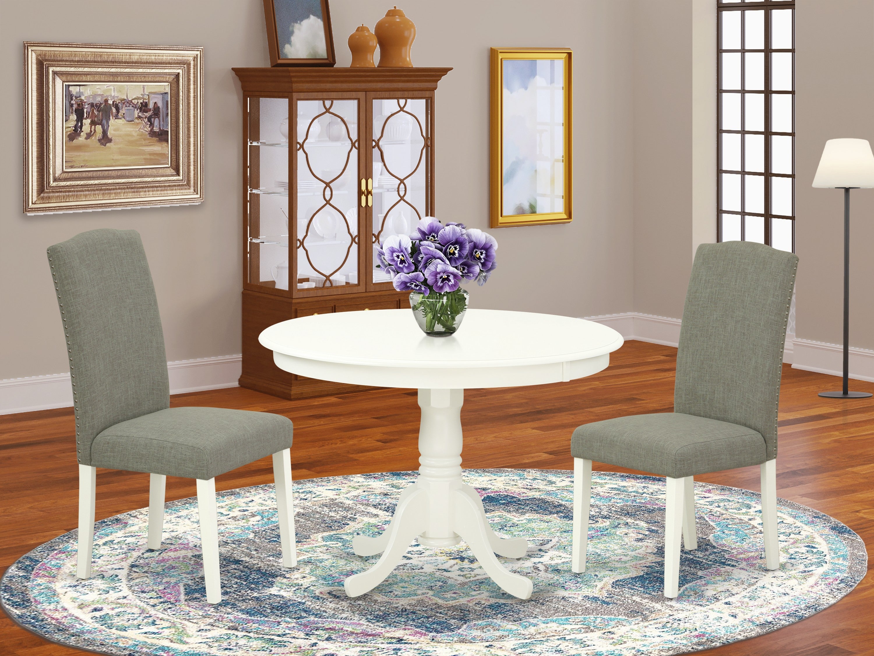 HLEN3-LWH-06 3Pc Round 42" Dining Table And Two Parson Chair With Linen White Leg And Linen Fabric Dark Shitake