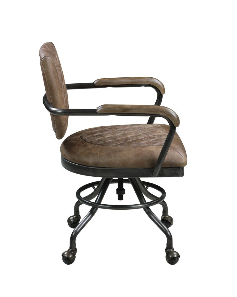 Office Chair In Antique Brown Top Grain Leather In Gun Metal Finish