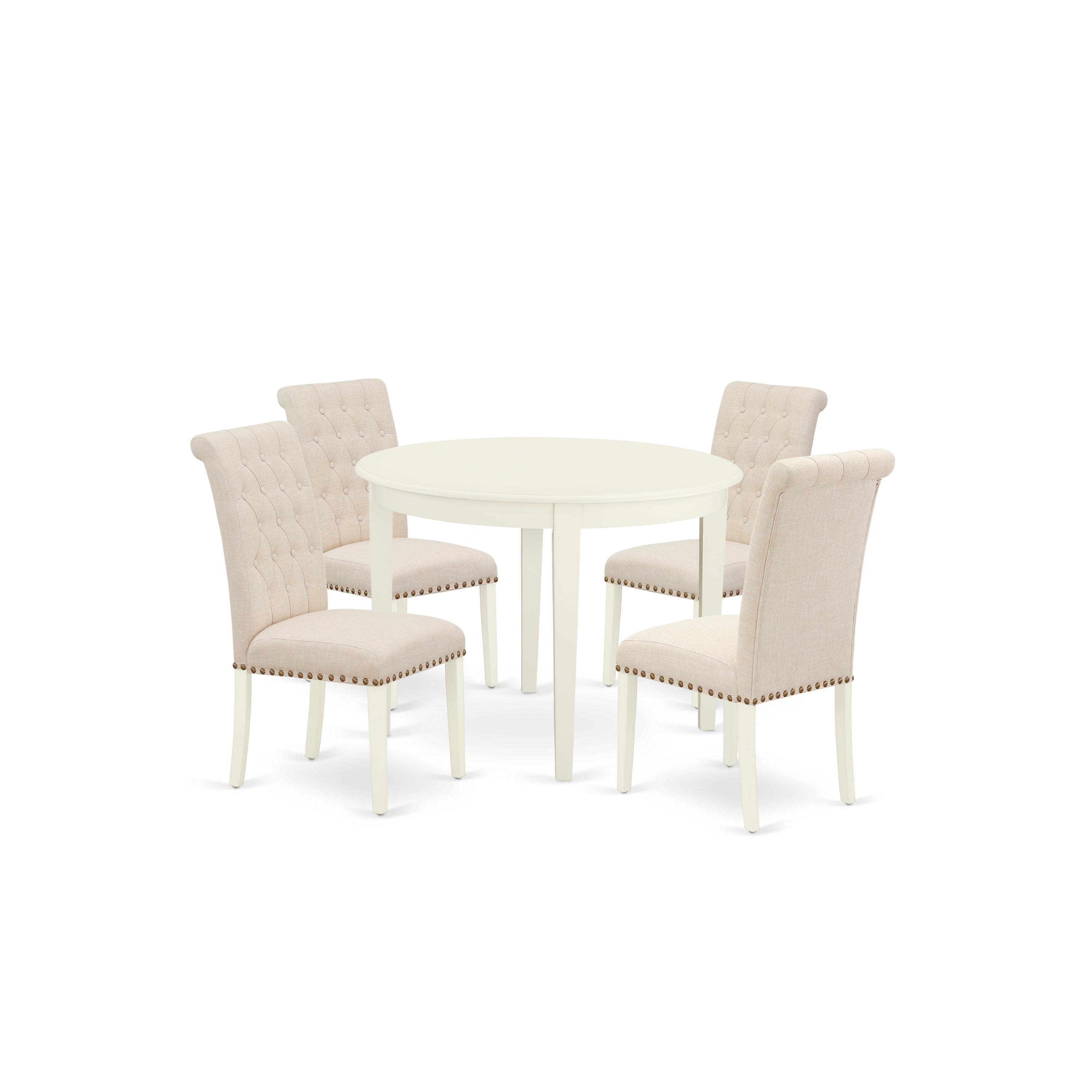 BOBR5-WHI-02 5Pc Dining Set Includes a Small Round Dinette Table and Four Parson Chairs with Light Beige Fabric, White Finish