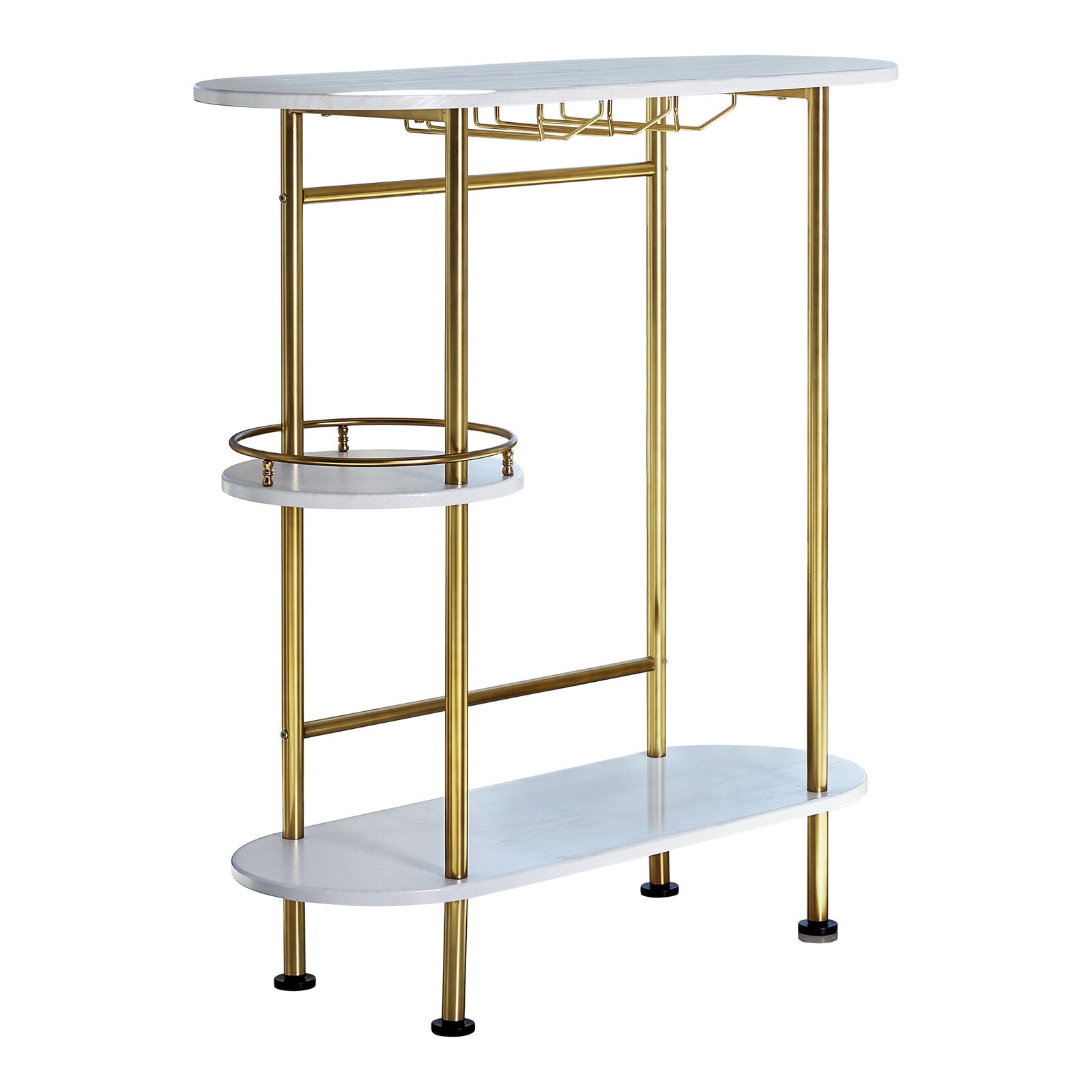 3-Tier Modern Pub Height Bar Table with Stemware Rack, White Oak & Matte Brass