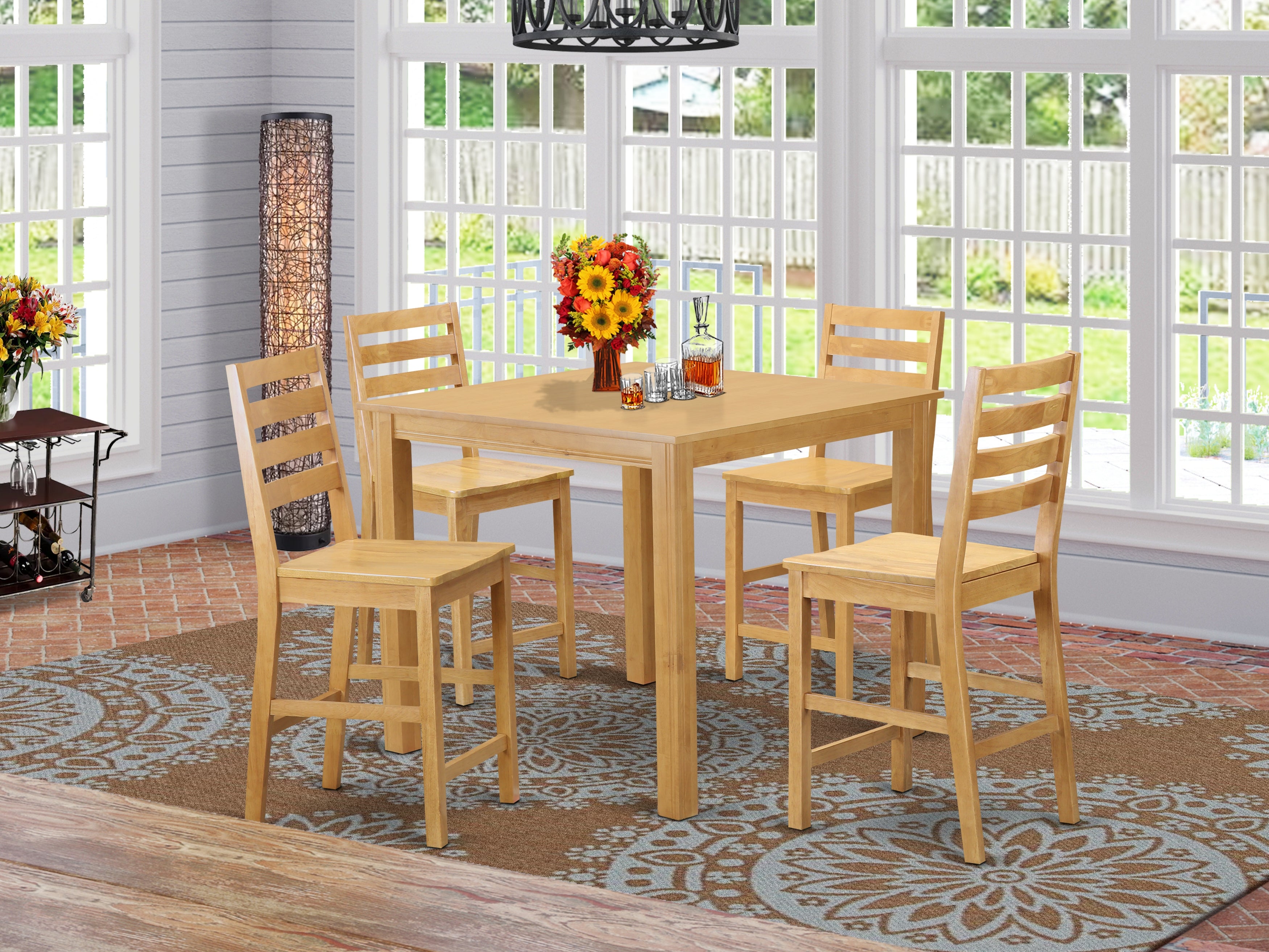 CAFE5-OAK-W 5 Pc Counter height Table set-Counter height Square Table and 4 Stools