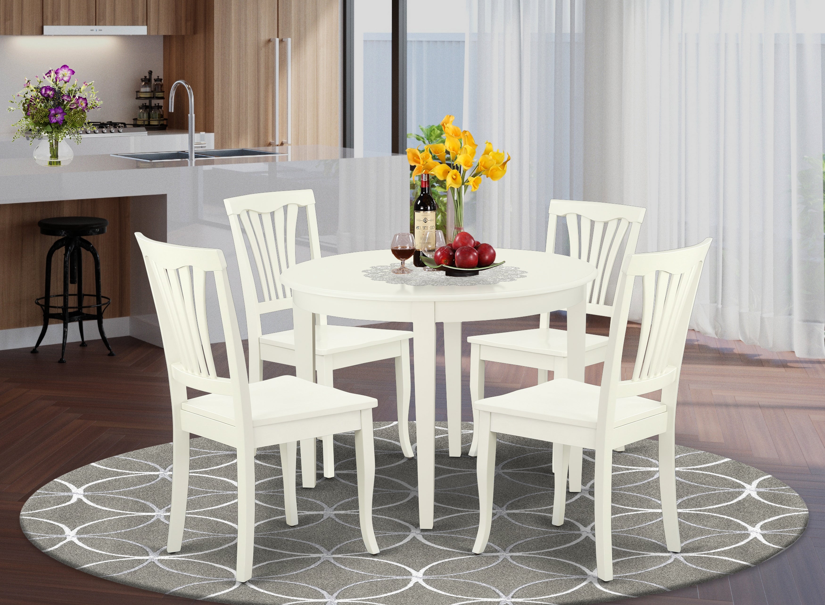 BOAV5-LWH-W 5PC Round 42 inch Table and 4 vertical slatted Chairs