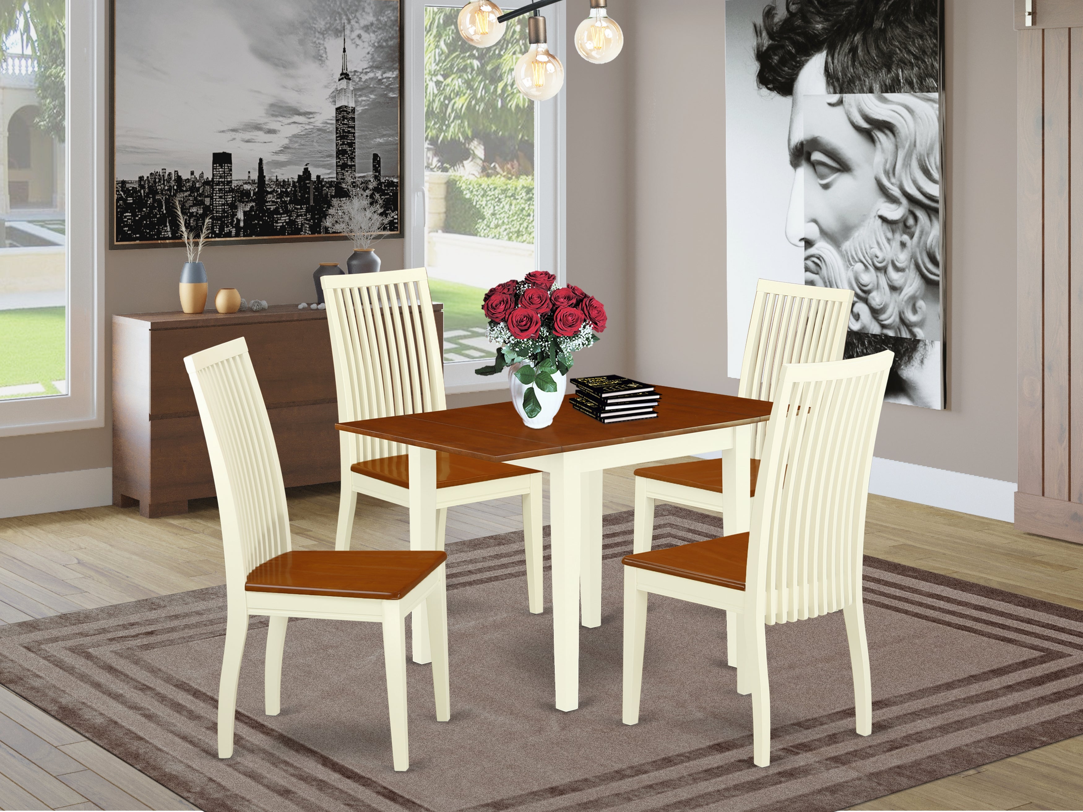 East West Furniture NDIP5-WHI-W 5Pc Modern Dining Table Set Includes a Wood Dining Table and 4 Dining Room Chair with Rubberwood Seat and Slat Back, Buttermilk and Cherry Finish