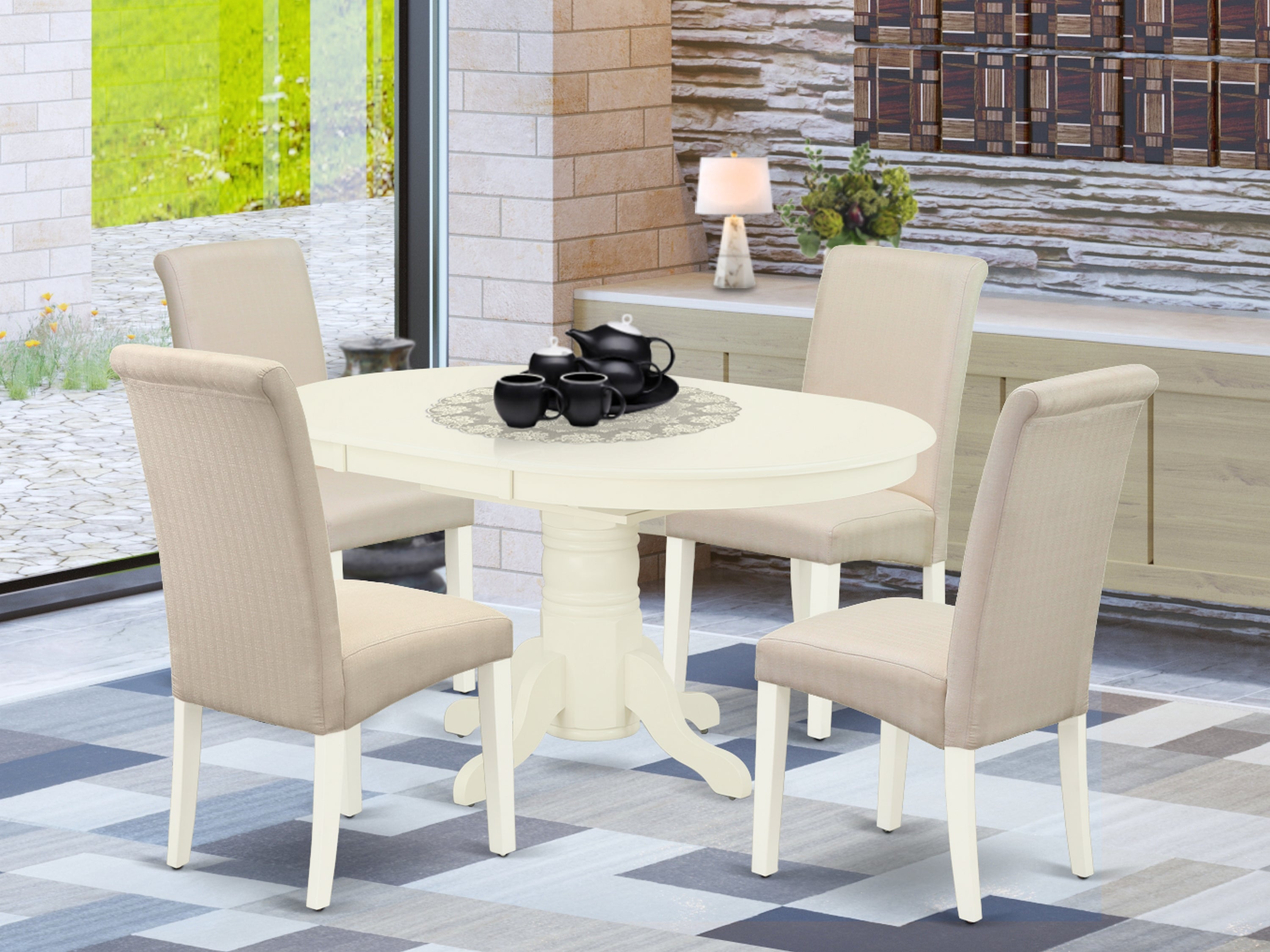 AVBA5-LWH-01 5Pc Dining Set Includes an Oval Dinette Table with Butterfly Leaf and Four Parson Chairs with Cream Fabric, Linen White Finish