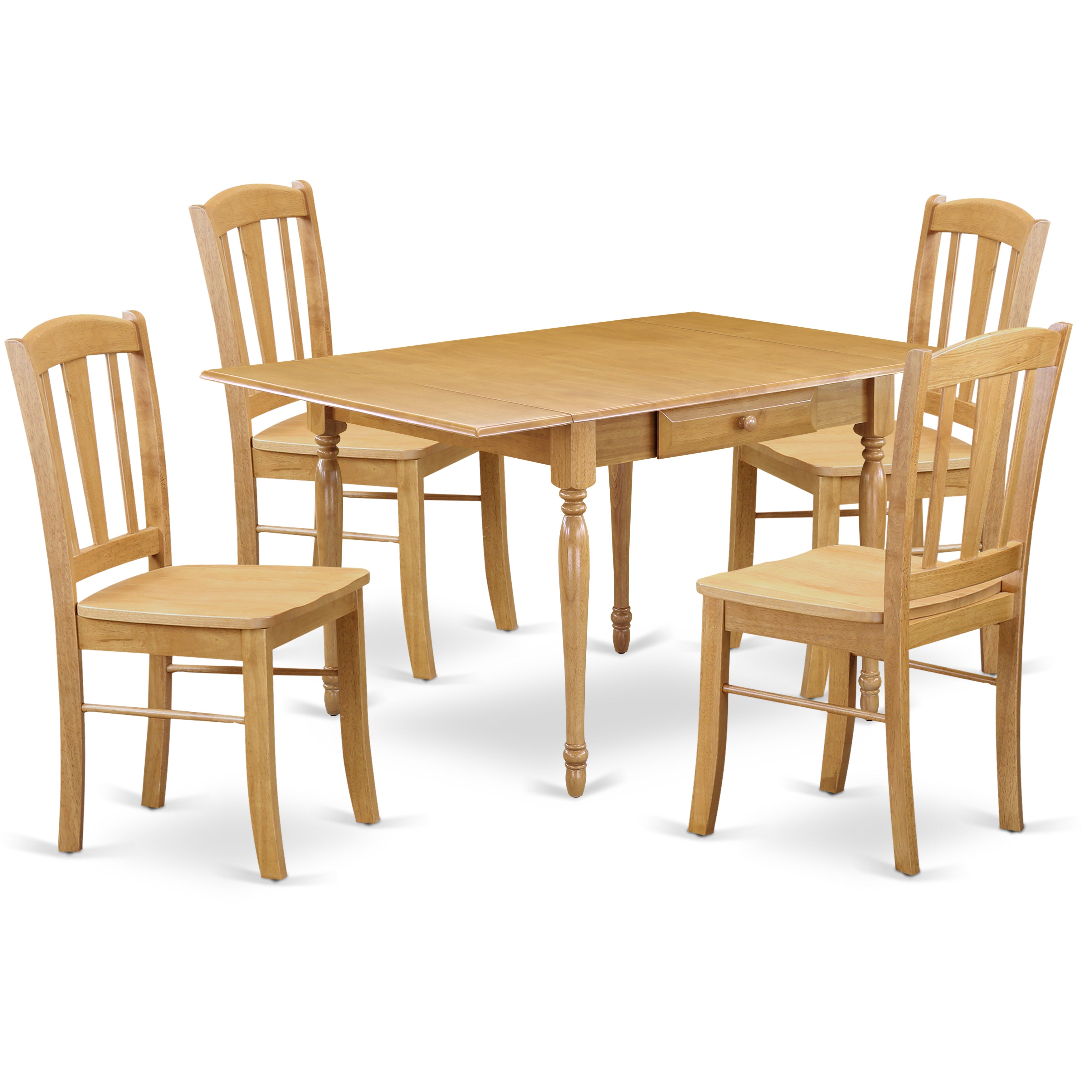 East West Furniture MZDL5-OAK-W 5Pc Dining Room Table Set Includes a Small Table and 4 Wood Dining Chairs with Wooden Seat, Drop Leaf Table with Panel Back Chairs, Oak Finish