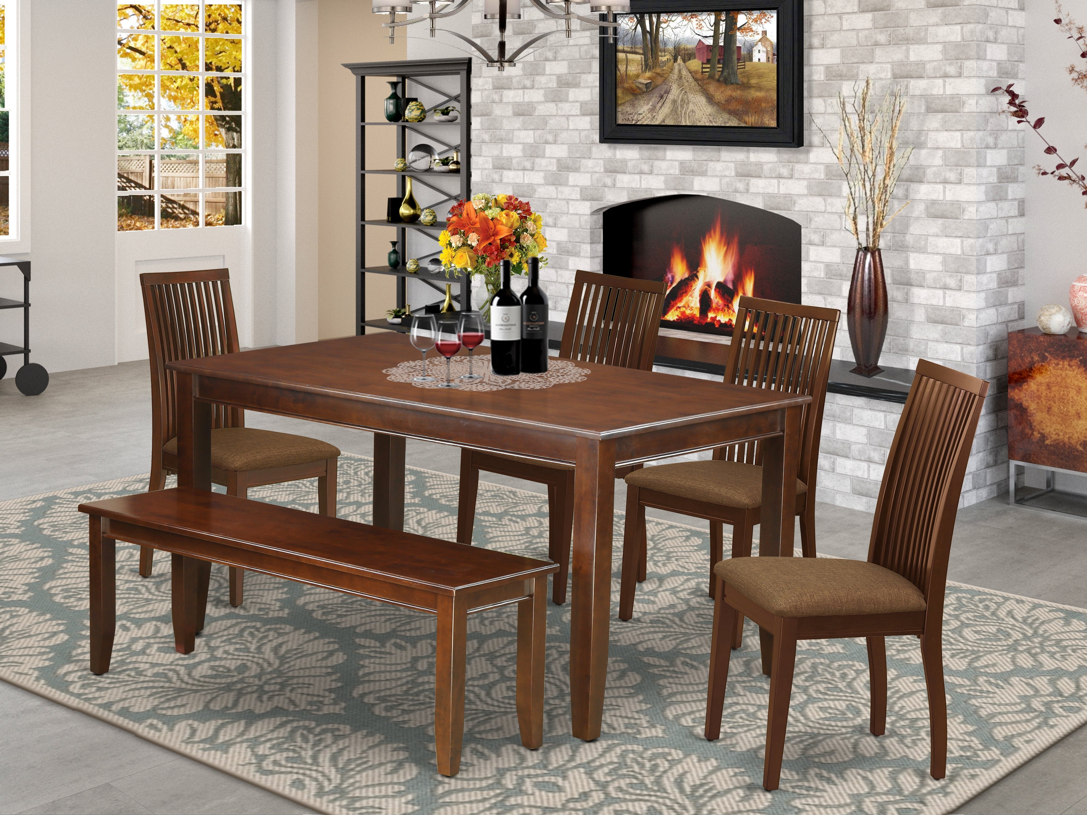 DUIP6-MAH-C 6Pc Dining Set Includes a Rectangle Dining Table, Four Microfiber Seat Dining Chairs and a Bench, Mahogany Finish