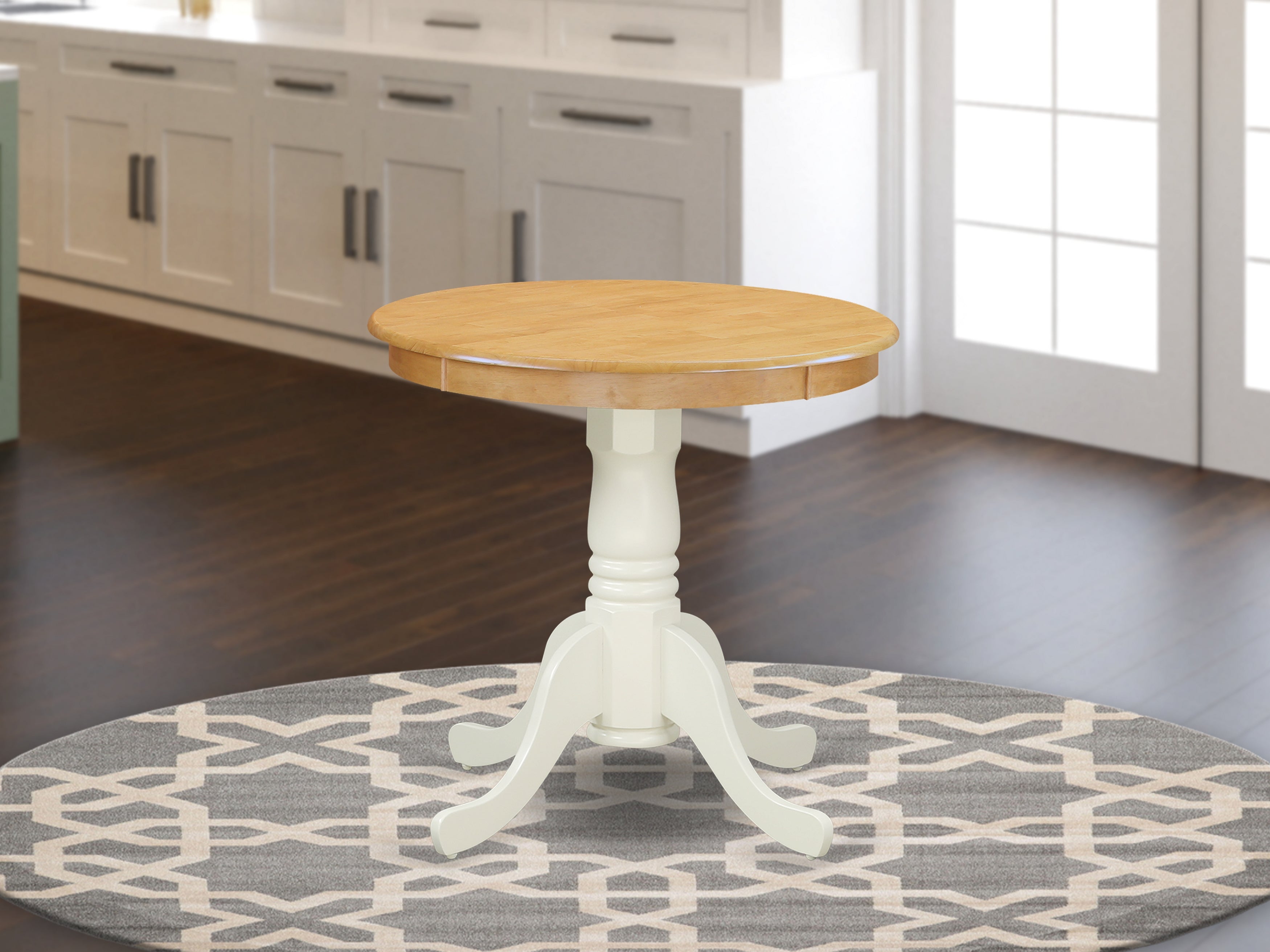 EMT-OLW-TP Edan Dining Table Made of Rubber Wood offering Oak Finish Table Top, 30 Inch Round, Linen White Finish Pedestal