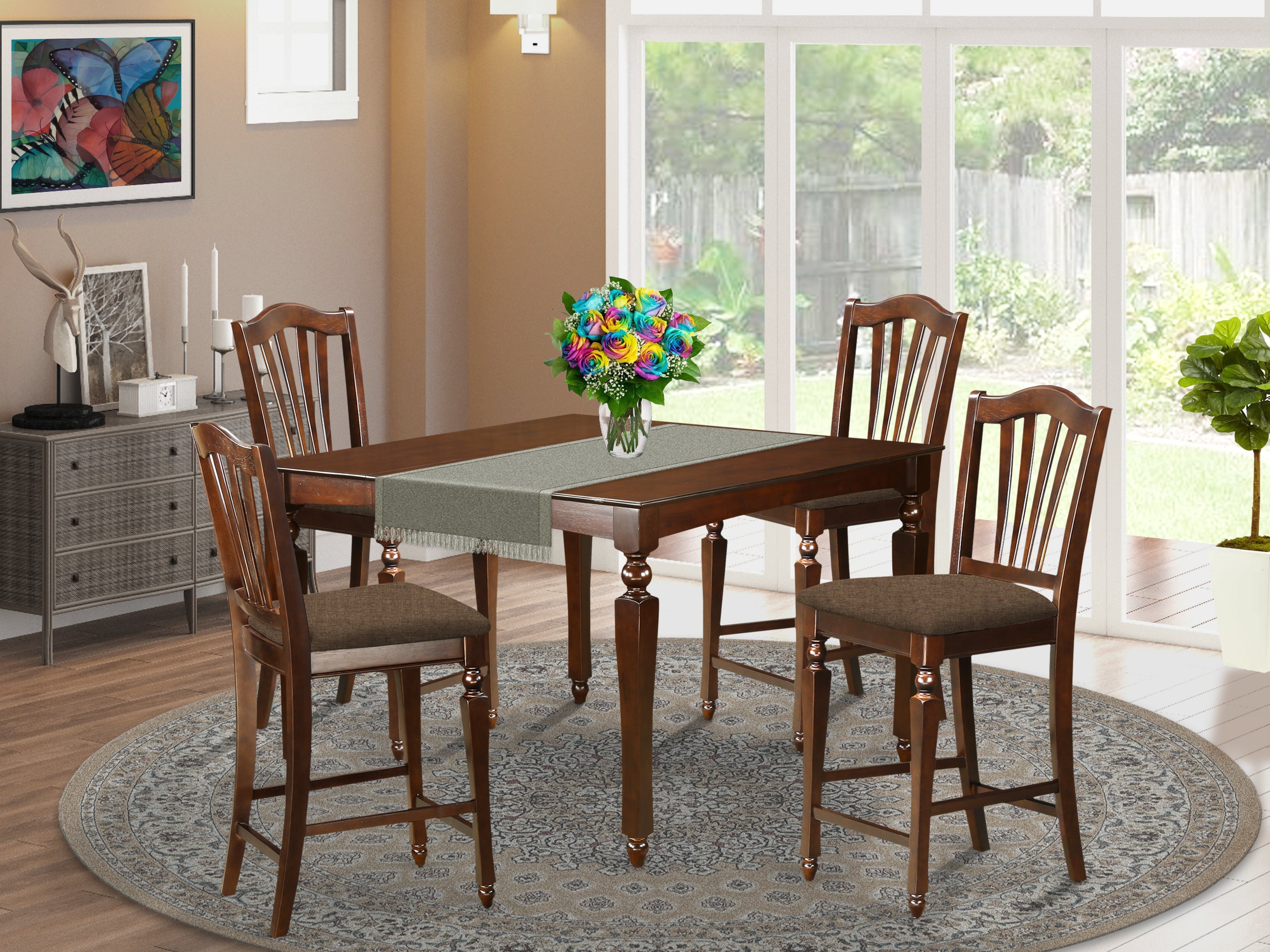 CHEL5-MAH-C 5 Pc counter height Dining set-Square gathering Table with 4 Stools