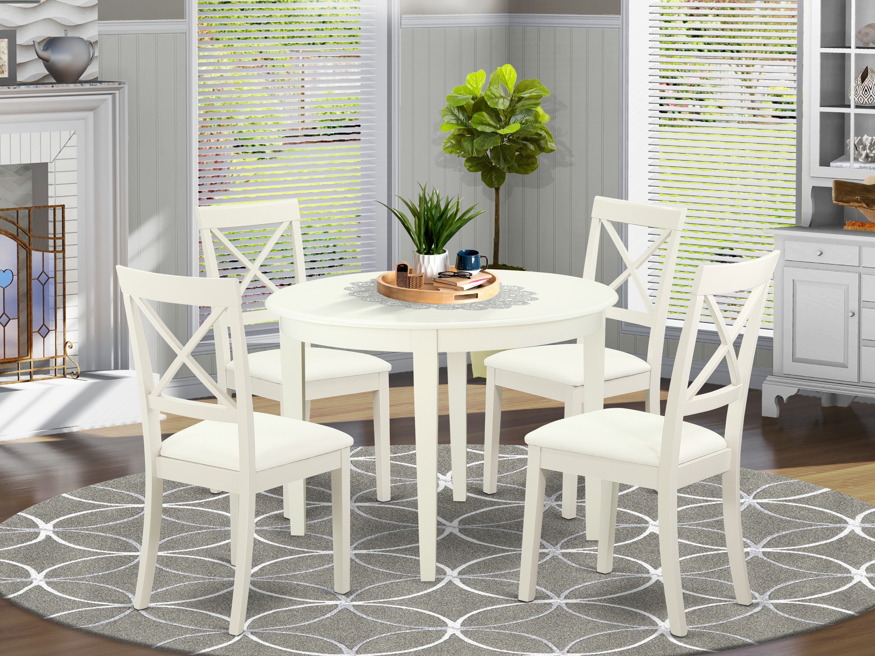 BOST5-LWH-LC 5 Pc small Kitchen Table set-round Kitchen Table and 4 Dining Chairs in Linen White