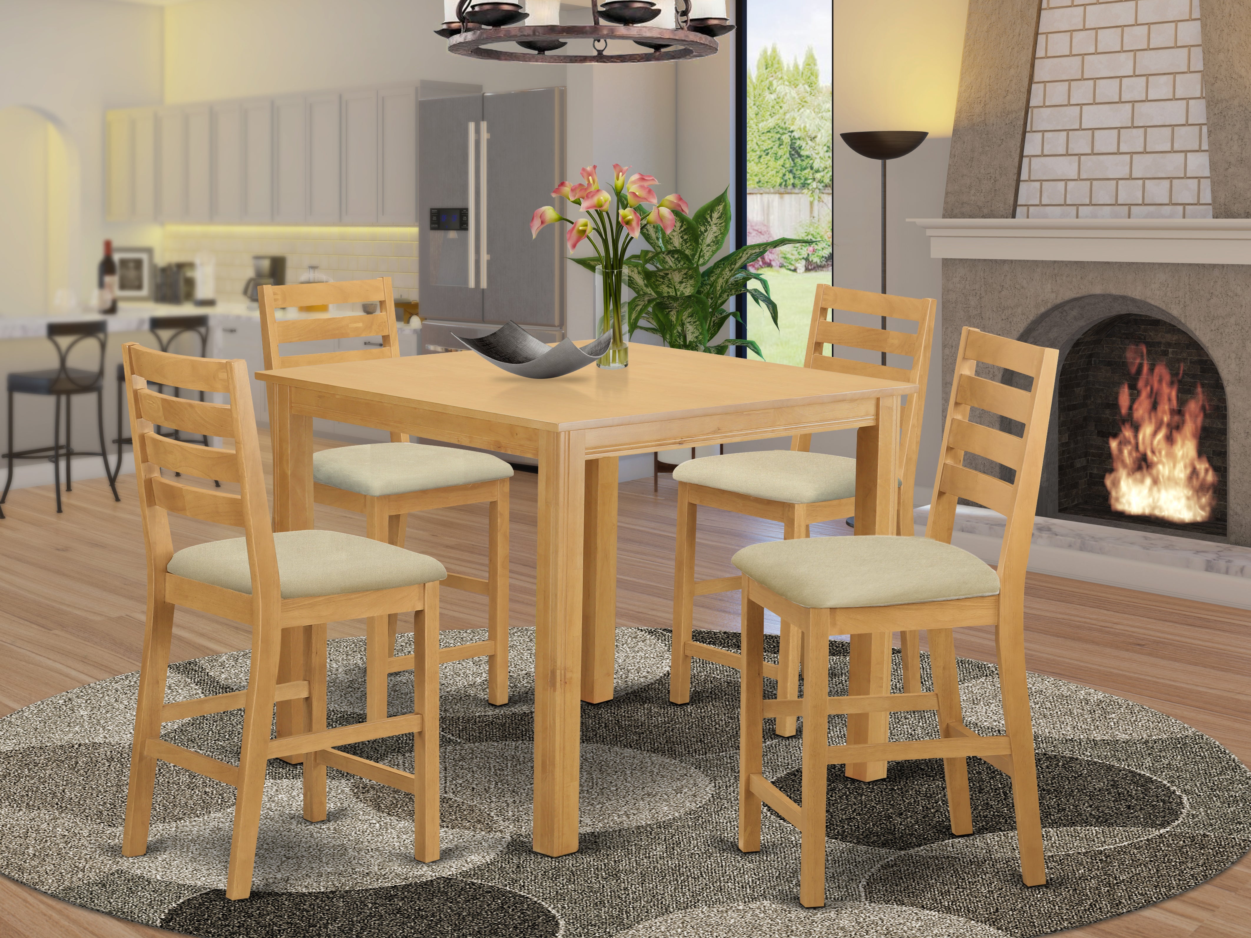 CAFE5-OAK-C 5 PC Dining counter height set - Small Kitchen Table and 4 counter height Chairs.