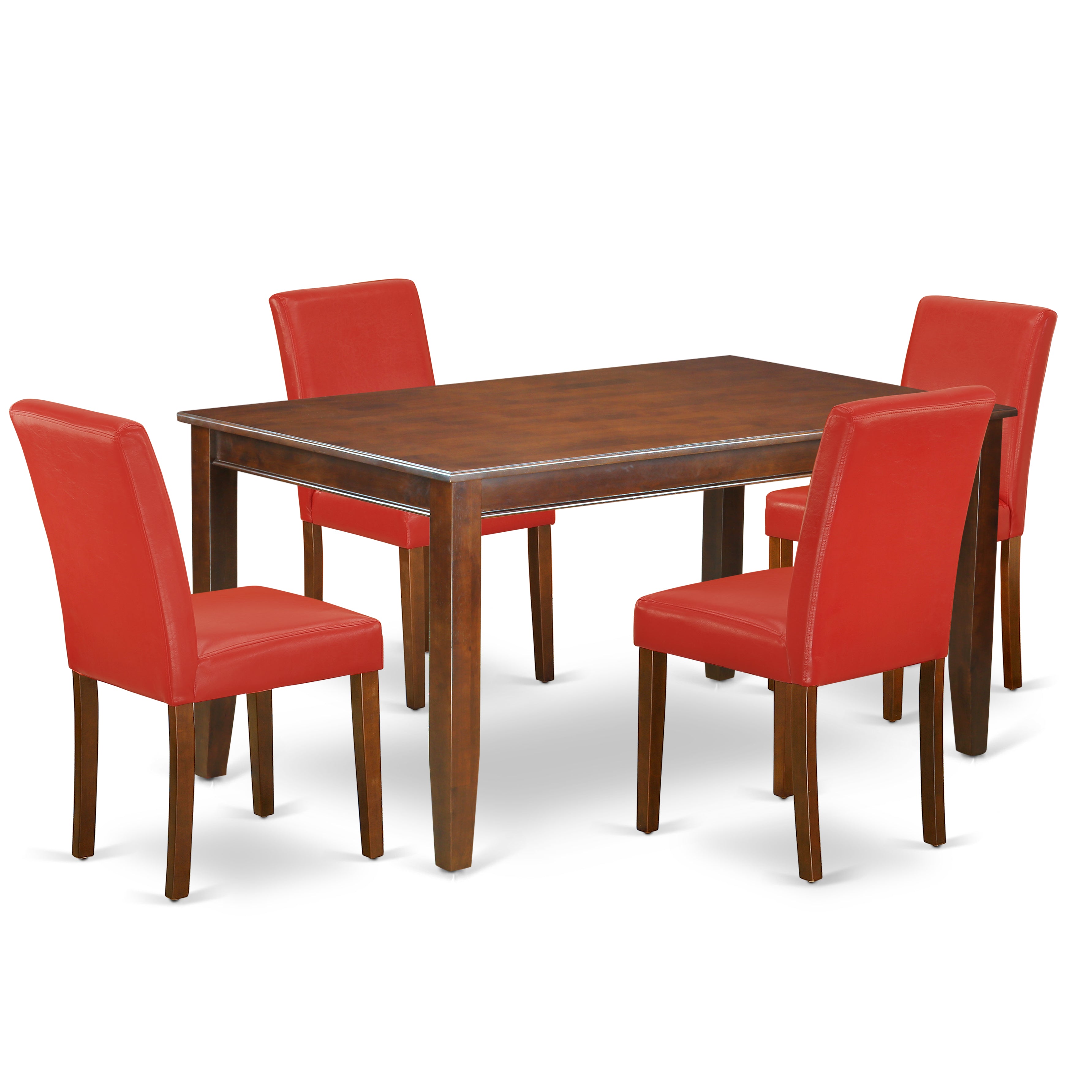 DUAB5-MAH-72 5Pc Rectangle 60 Inch Dining Table And Four Parson Chair With Mahogany Leg And Pu Leather Color Firebrick Red