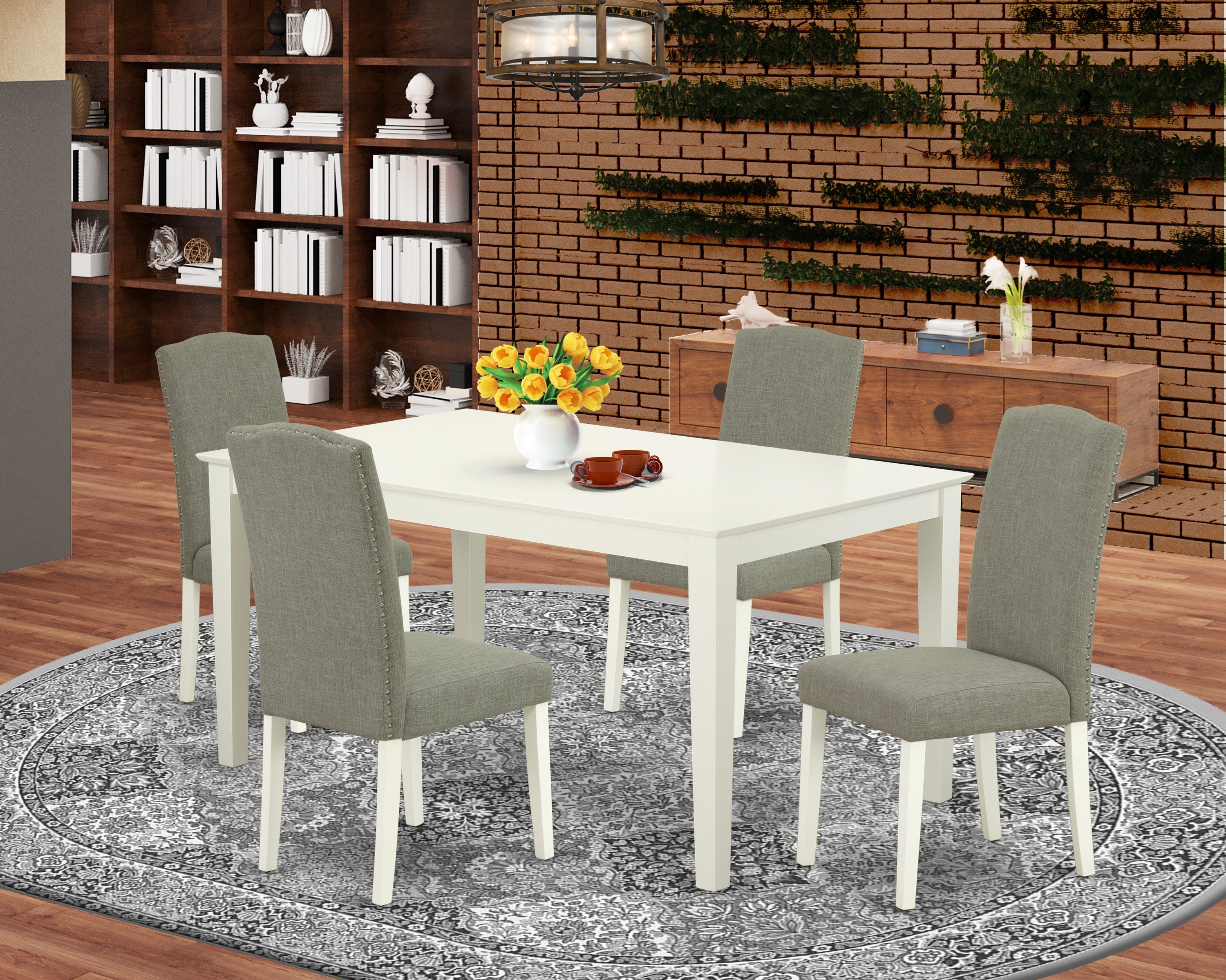 CAEN5-LWH-06 5Pc Rectangle 60" Dining Room Table And 4 Parson Chair With Linen White Leg And Linen Fabric Dark Shitake