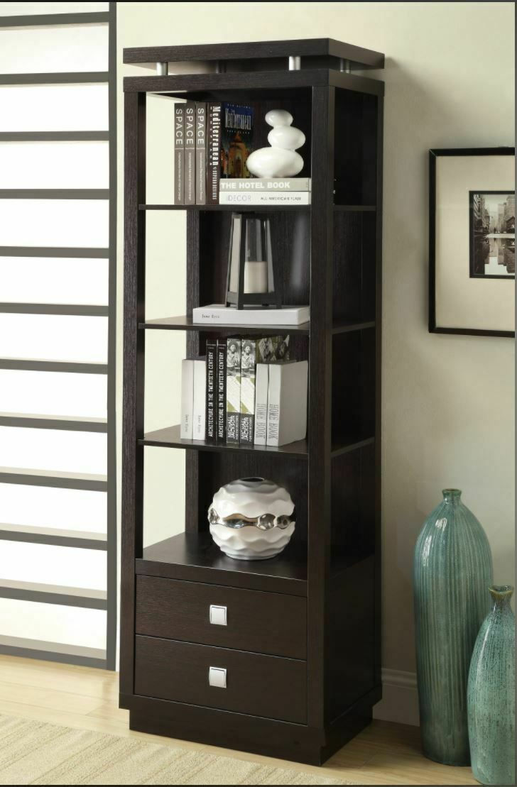 Modern 4-Tier Shelf Media Tower With Drawers Cappuccino