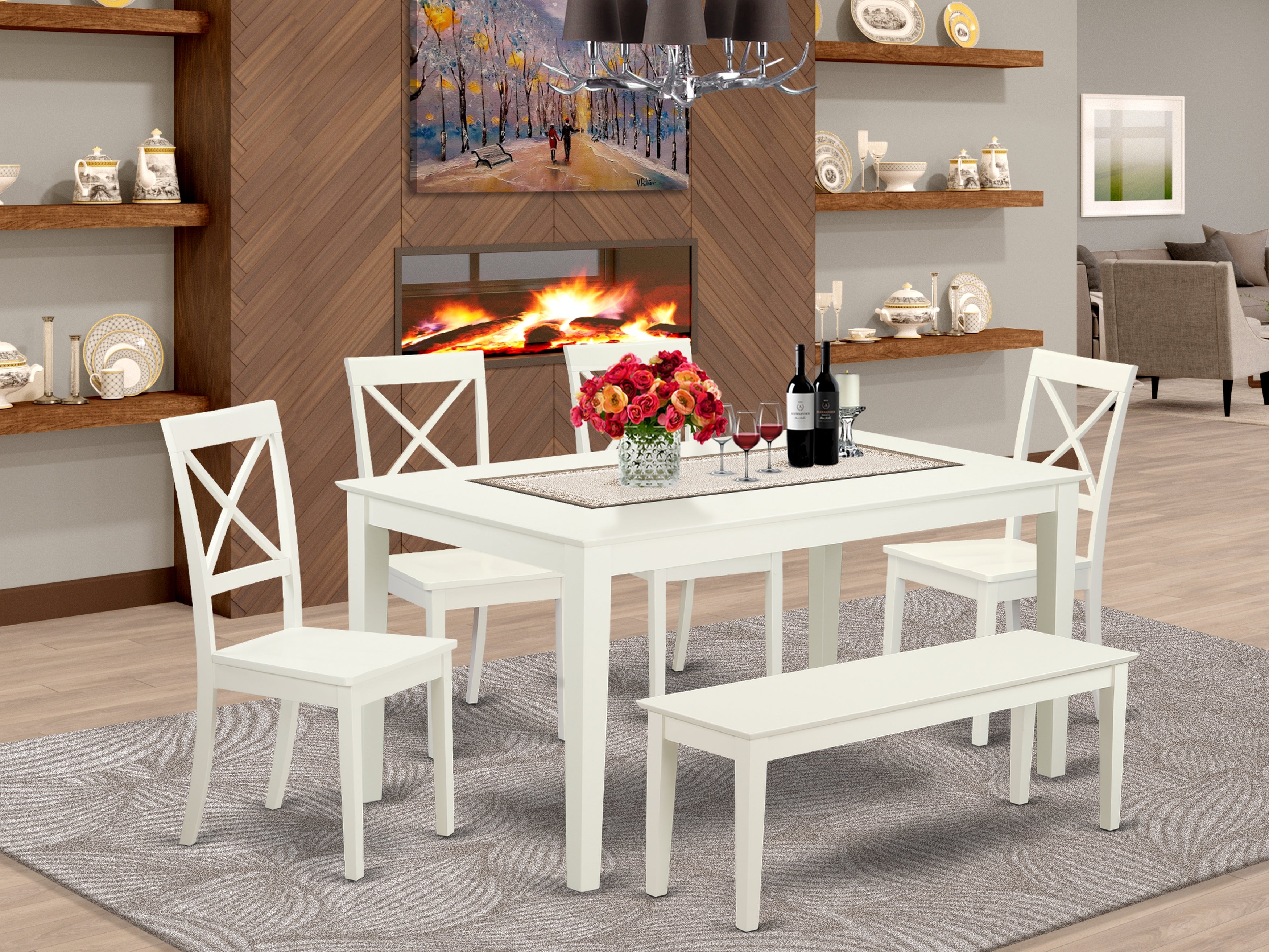 CABO6-LWH-W 6 Piece dining room Set for 6 set-Dining table and 4 Wood Seat Dining Chairs plus 1 Bench in Linen White