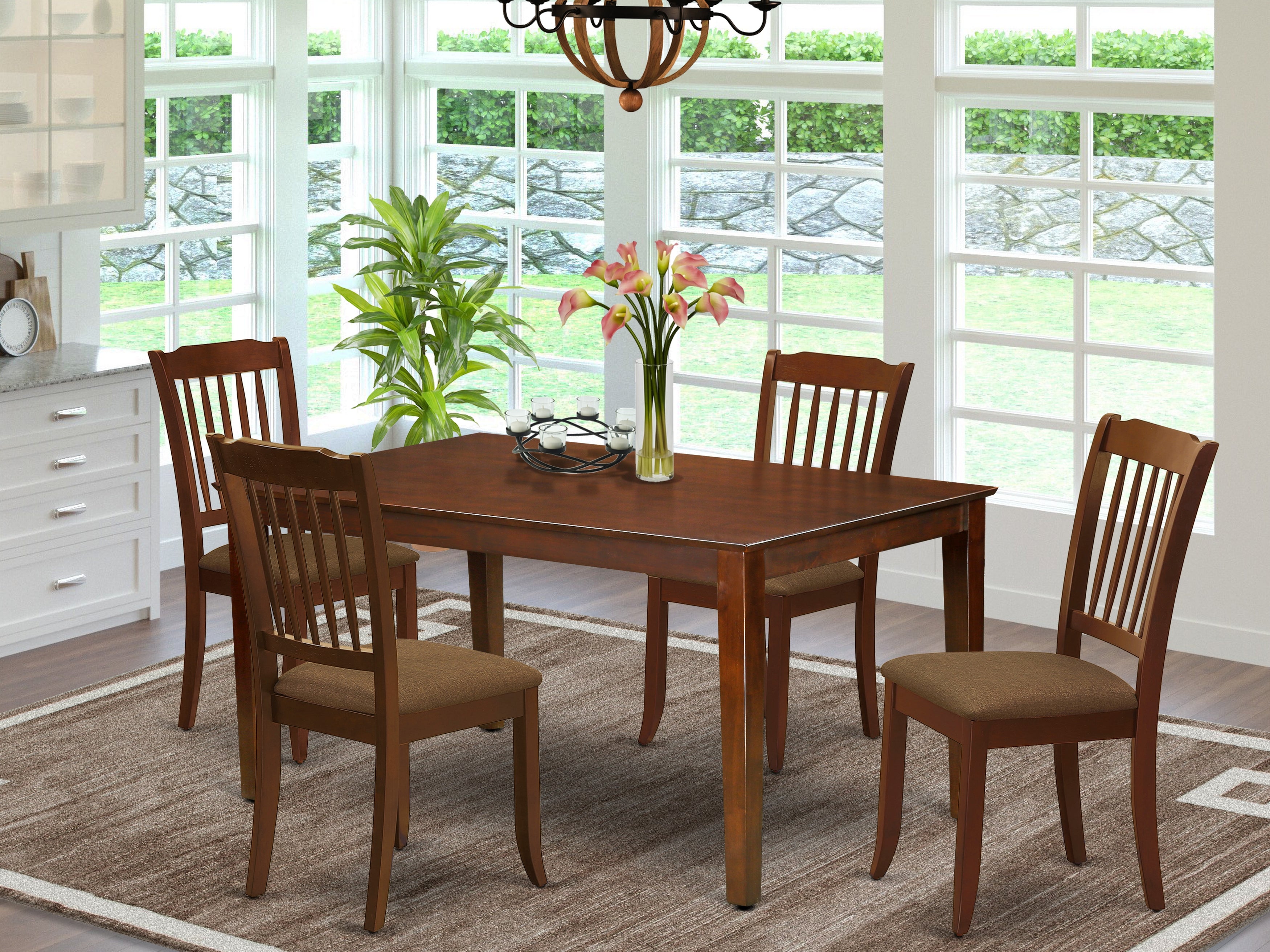 CADA5-MAH-C 5Pc Dining Set Includes a Rectangle Dinette Table and Four Vertical Slatted Microfiber Seat Kitchen Chairs, Mahogany Finish