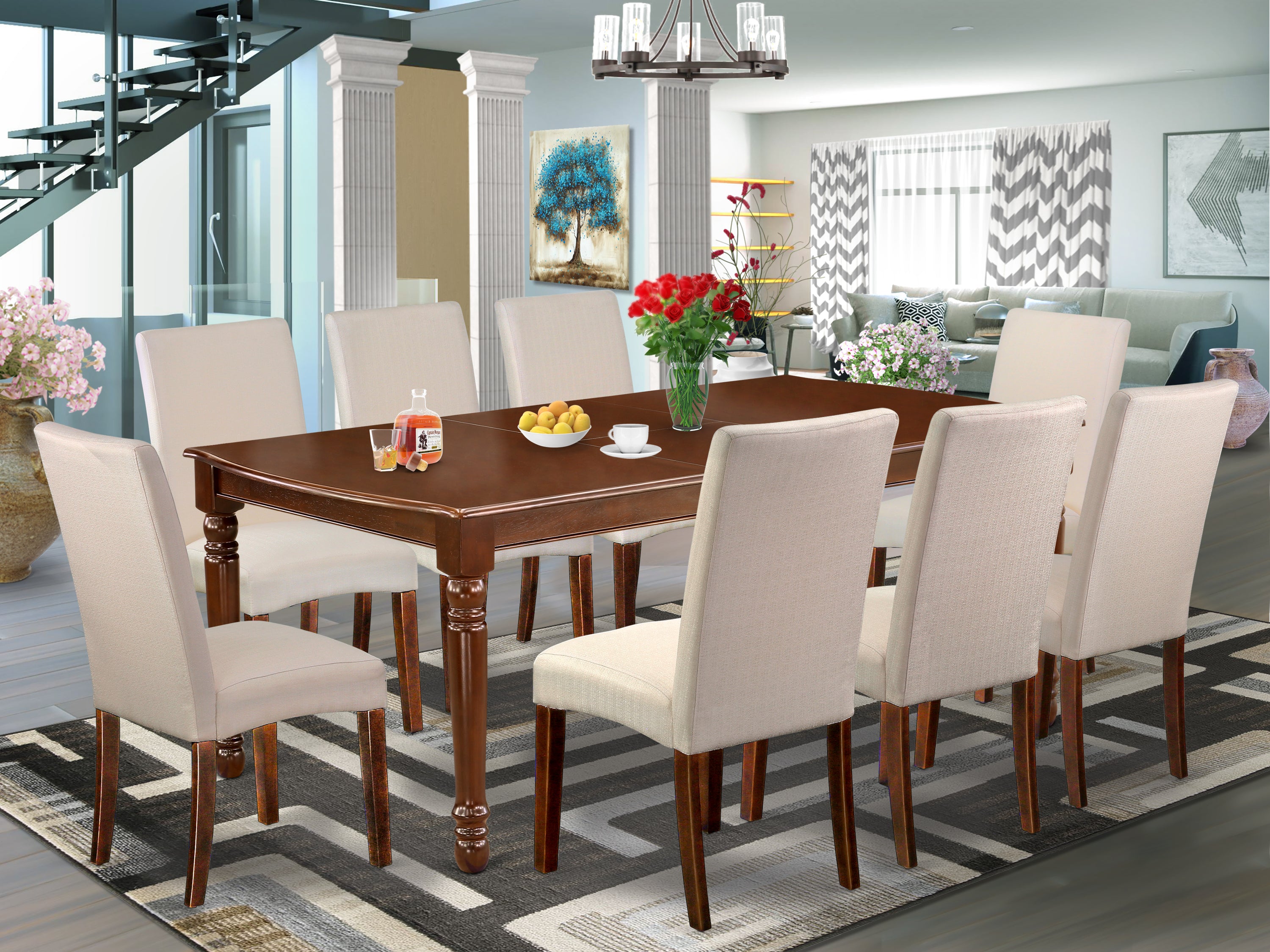 DODR9-MAH-01 9Pc Rectangle 60/78 Inch Dining Table With 18 In Leaf And 8 Parson Chair With Mahogany Finish Leg And Linen Fabric- Cream Color