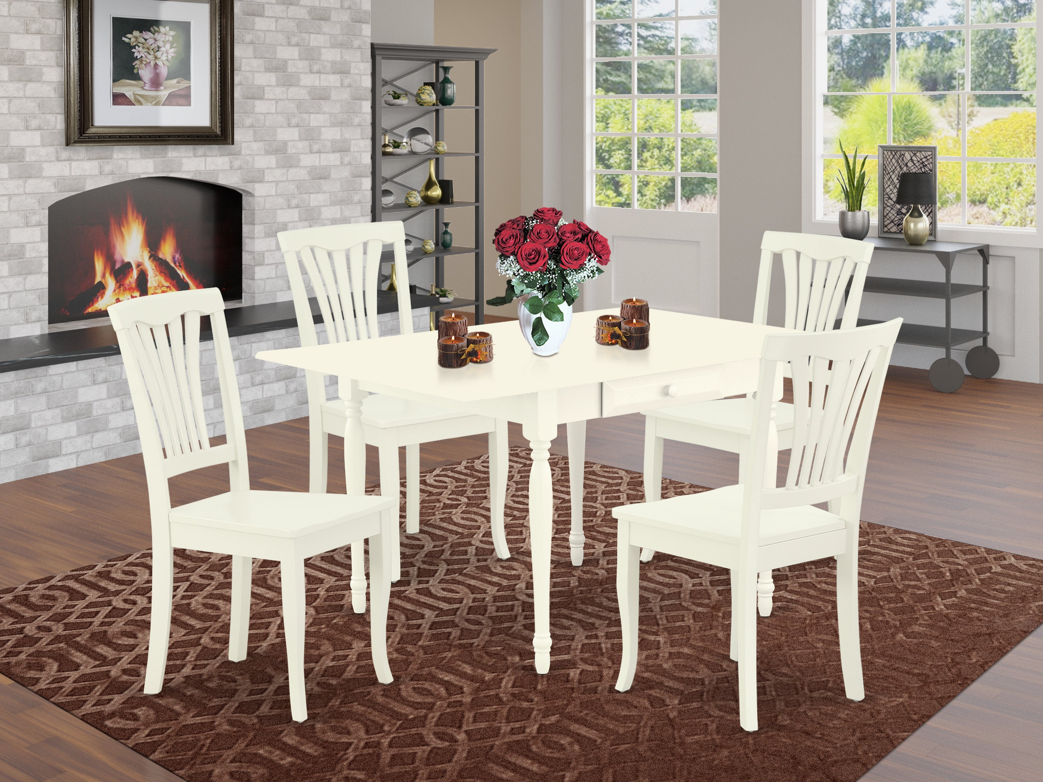 East West Furniture MZAV5-LWH-W 5Pc Kitchen Set Includes a Rectangular Table and 4 Dining Room Chairs with Wooden Seat, Drop Leaf Table with Slat Back Chairs, Linen White Finish