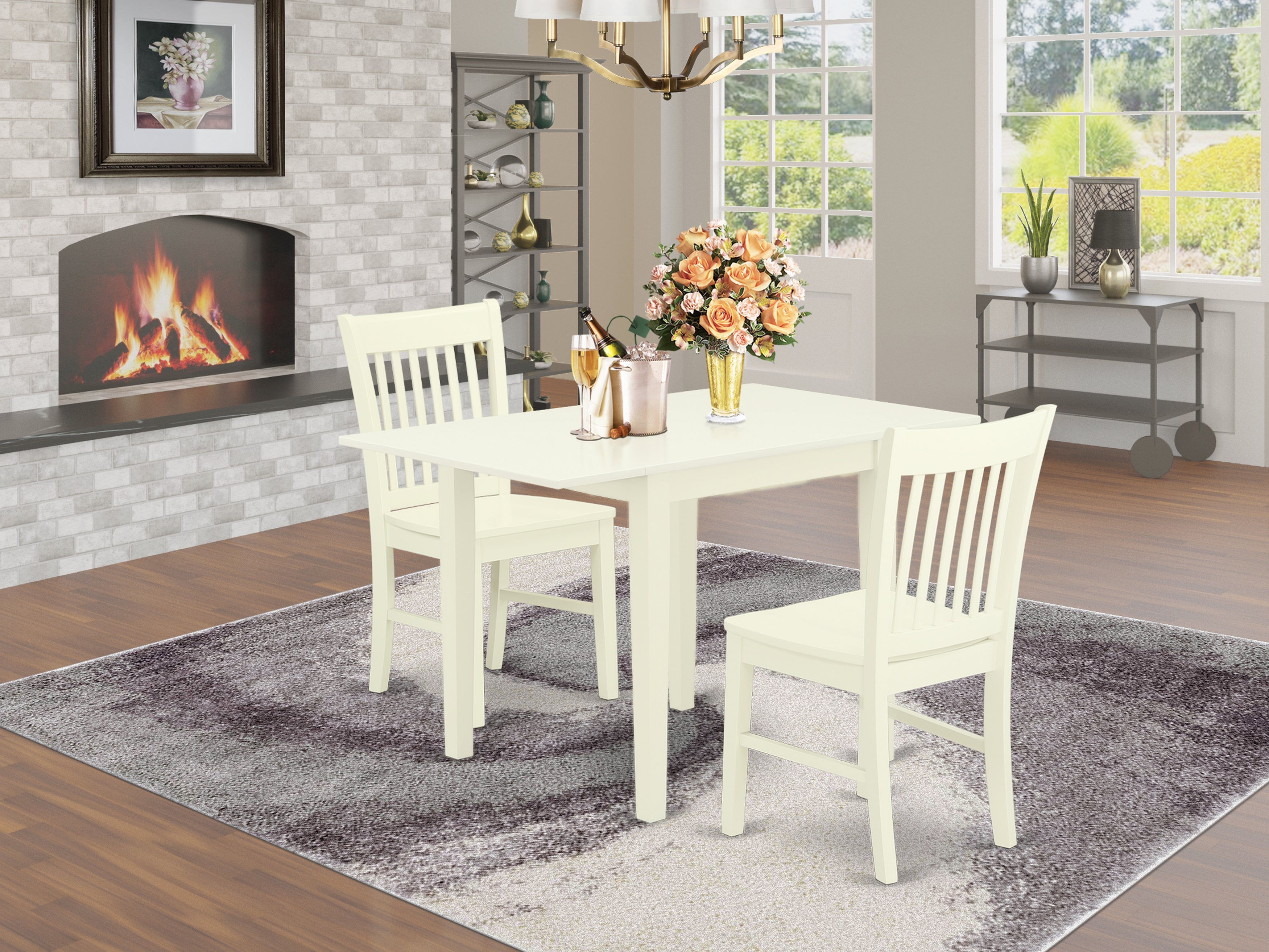 East West Furniture NDNO3-LWH-W 3Pc Dining Room Table Set Includes a Kitchen Table and 2 Modern Dining Chairs with Asian Hardwood Seat and Slat Back, Linen White Finish