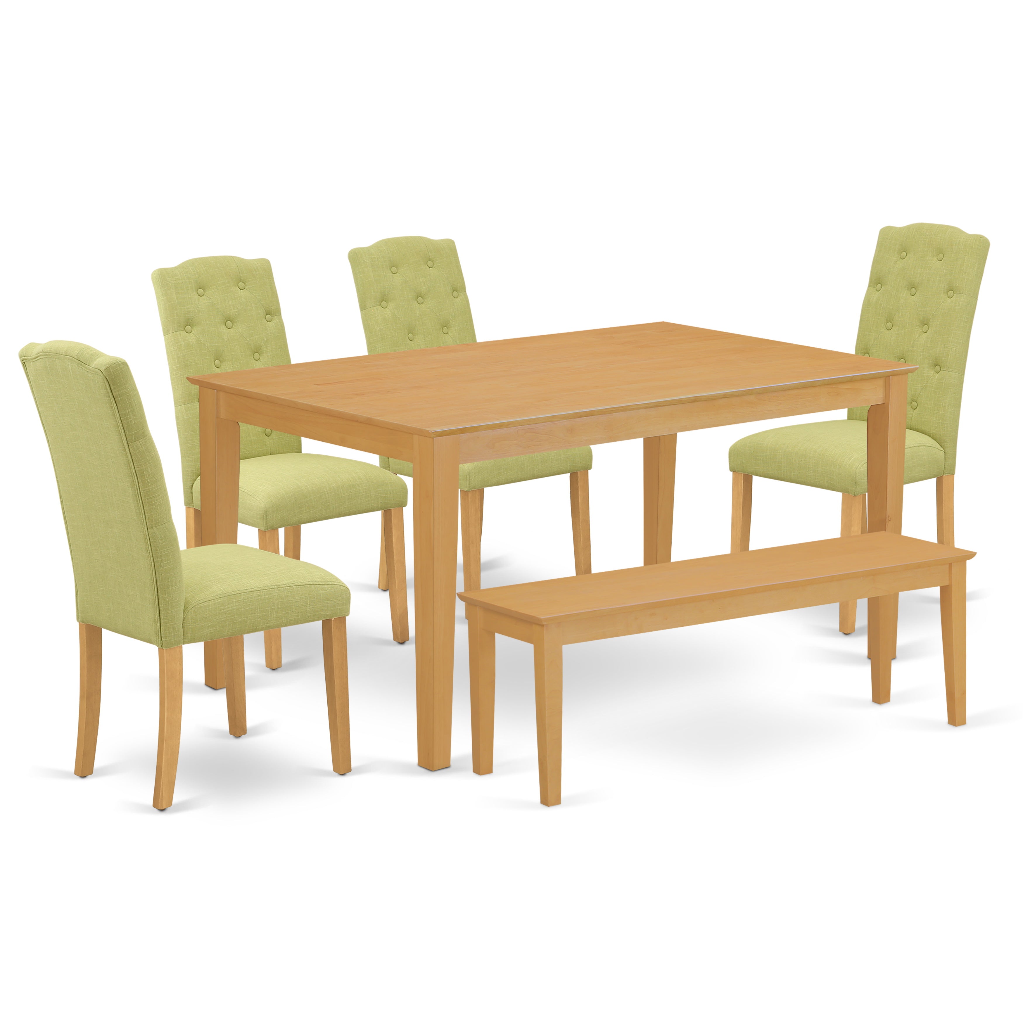 CACE6-OAK-07 6Pc Dining Set Includes a Rectangle Dinette Table and Four Parson Chairs with Lime Green Fabric and a Bench, Oak Finish