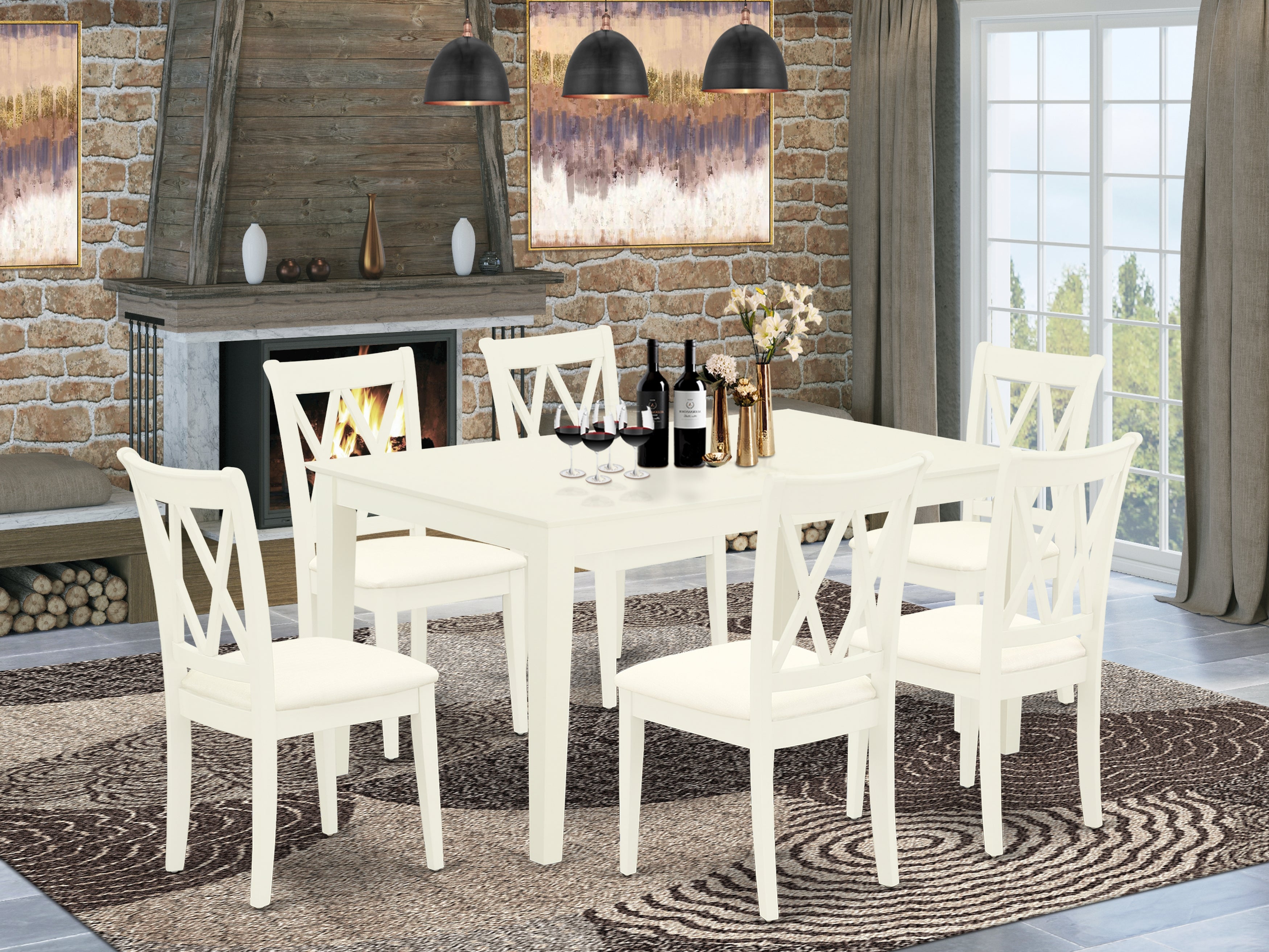 CACL7-LWH-C 7Pc Dinette Set Includes a Rectangular Kitchen Table and Six Double X Back Microfiber Seat Dining Chairs, Linen White Finish