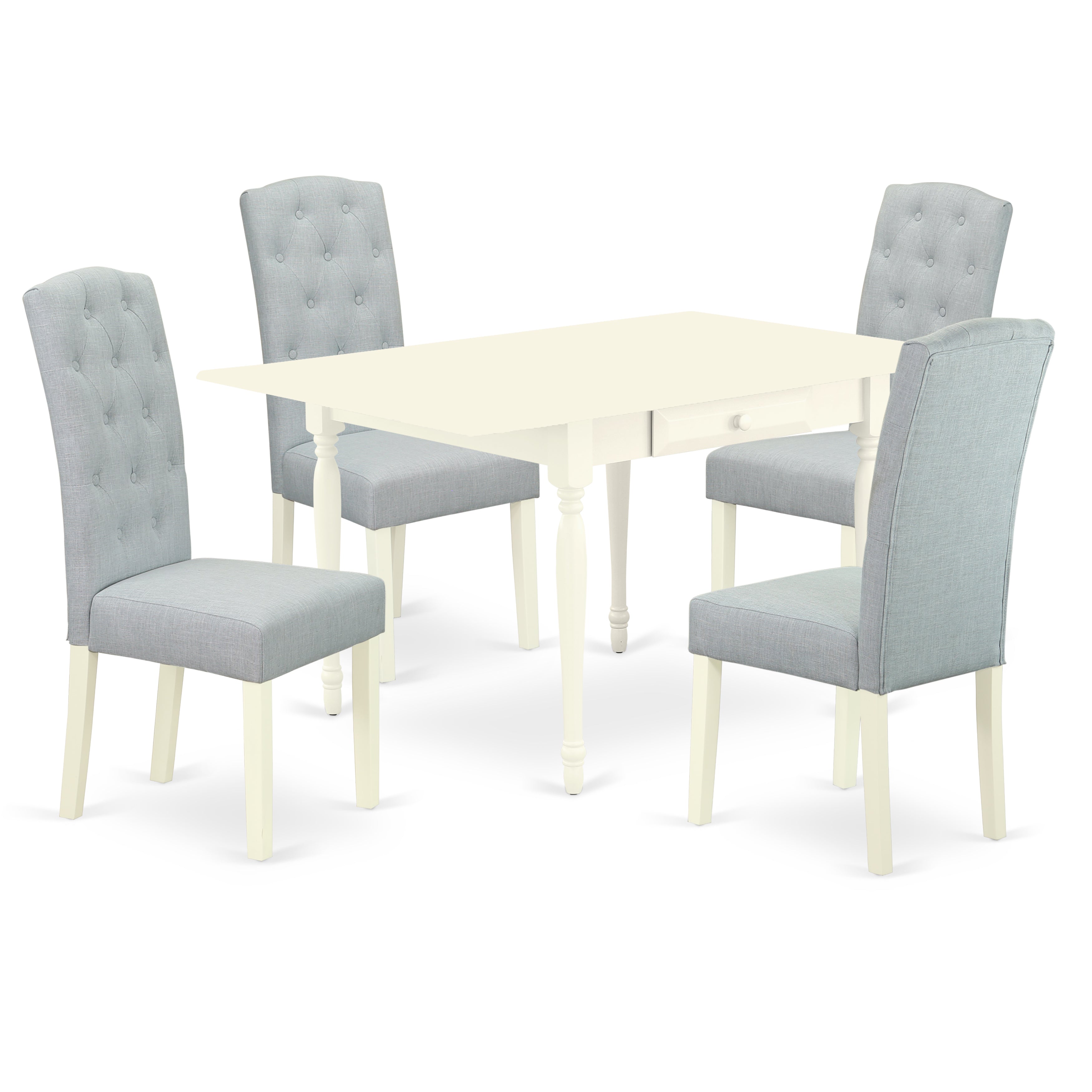 East West Furniture MZCE5-LWH-15 5Pc Dinette Sets for Small Spaces Includes a Small Kitchen Table and 4 Parson Chairs with Baby Blue Color Linen Fabric, Drop Leaf Table with Full Back Chairs, Linen White Finish