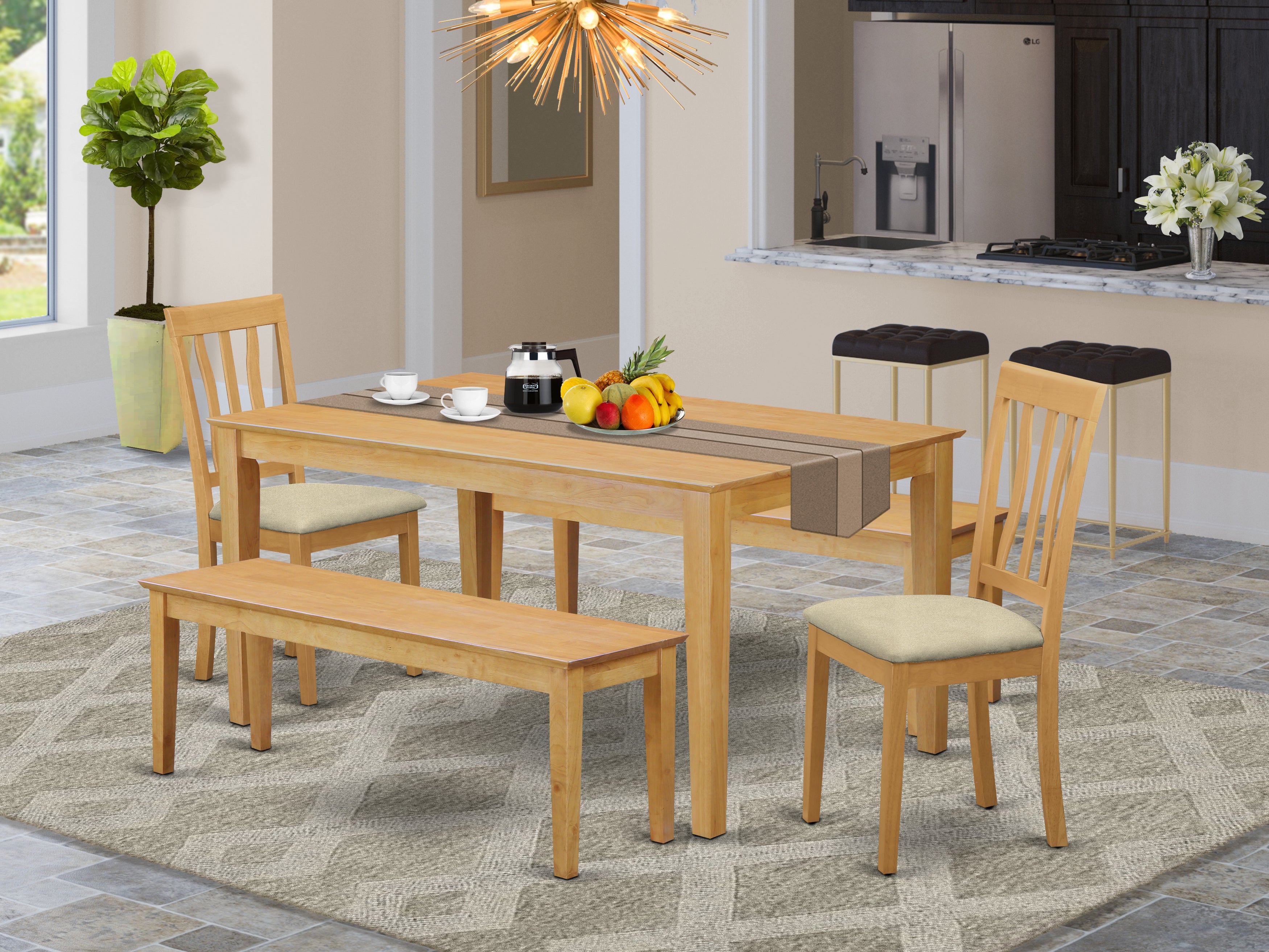 CAAN5C-OAK-C 5 Pc Dining room set for 4 - Table and 2 Dining Chairs plus 2 benches