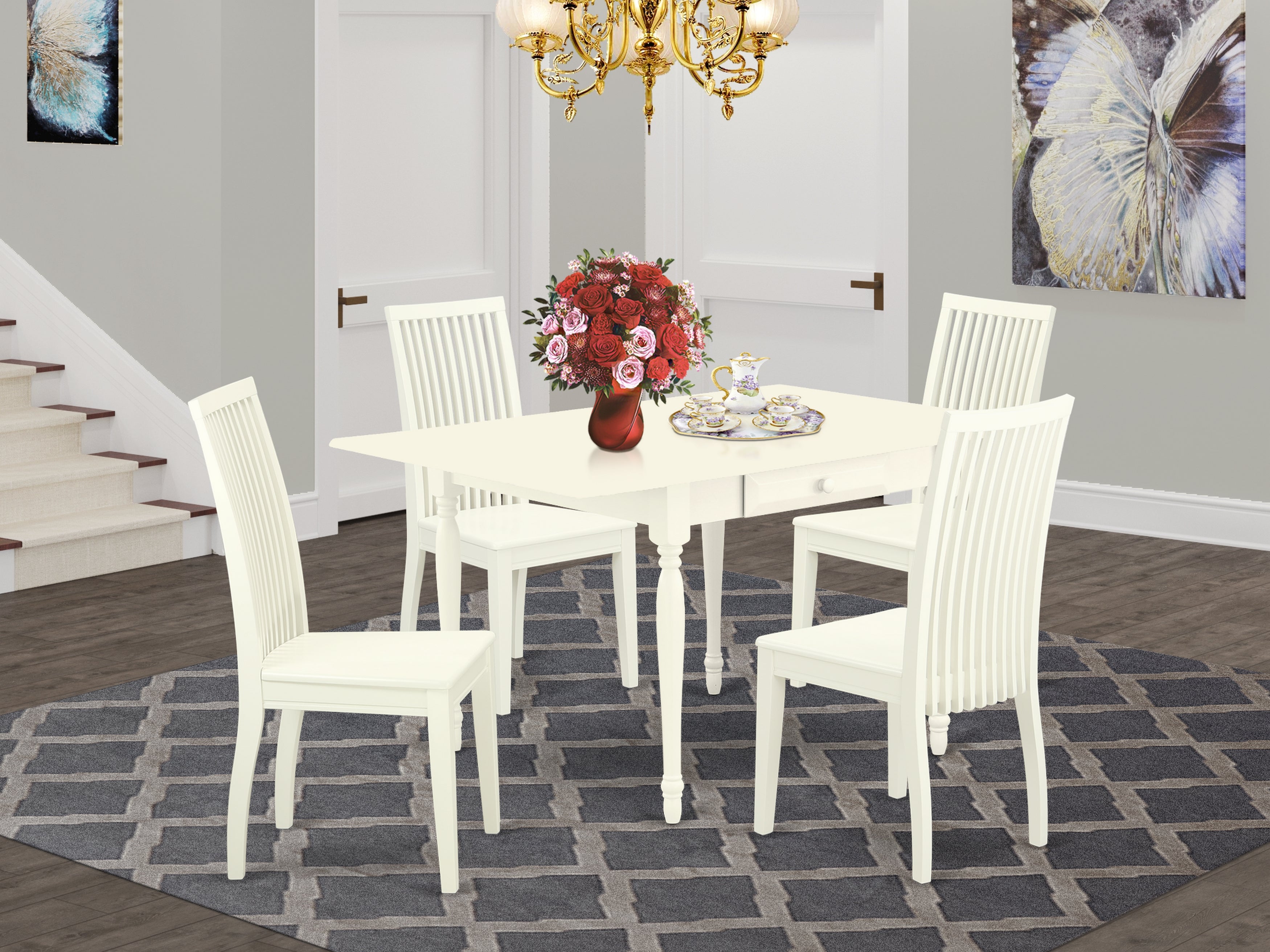 East West Furniture MZIP5-LWH-W 5 Pc Wood Dining Table set - Robust Two 9-Inch Drop Down Leaves Hardwood Dinette Table and 4 Wooden Seat Dining Chairs, Linen White Finish