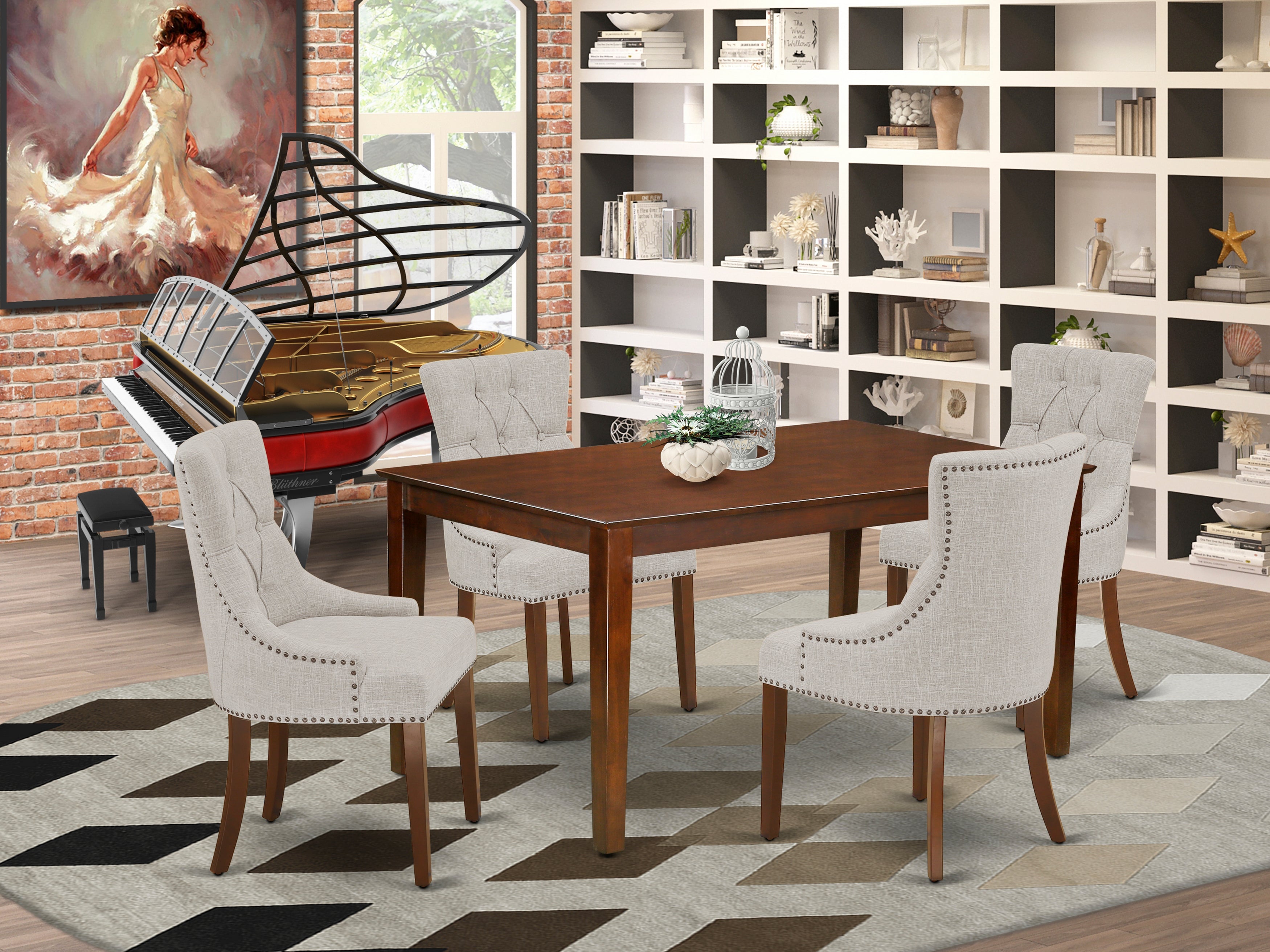 CAFR5-MAH-05 5Pc Dining Set Includes a Rectangle Dinette Table and Four Parson Chairs with Doeskin Fabric, Mahogany Finish