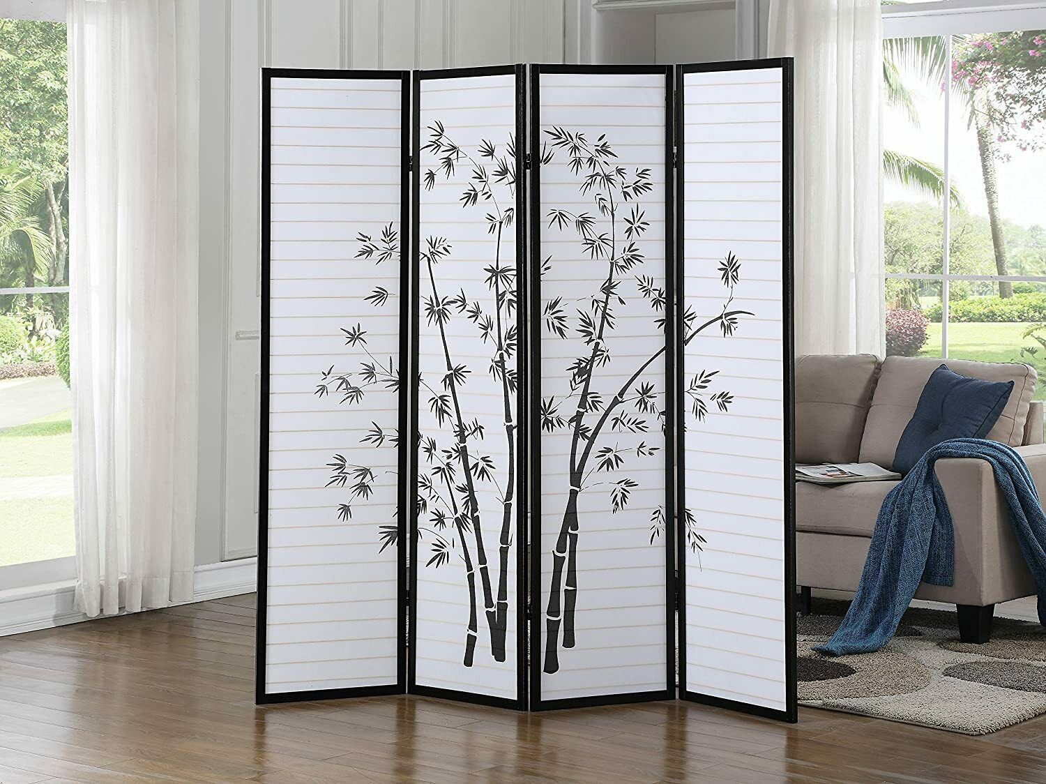 4 Panel Bamboo Design Folding Privacy Screen Hardwood Frame Room Divider