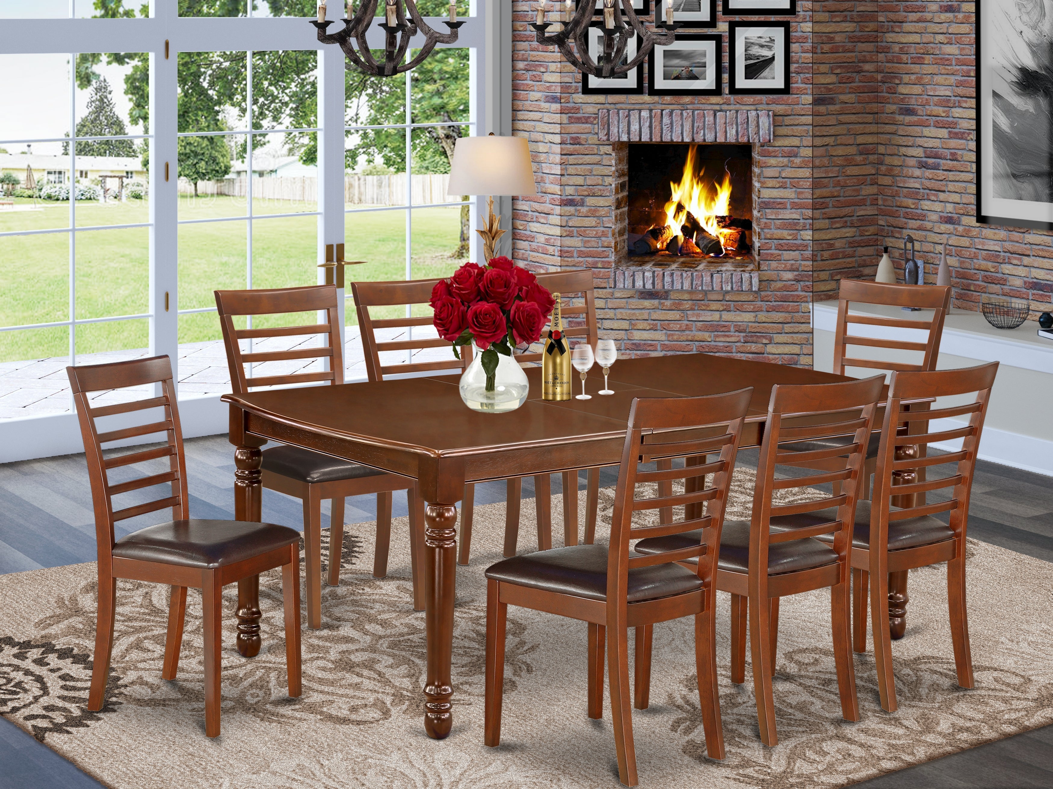 DOML9-MAH-LC 9Pc Rectangular 60/78 Inch Dining Table With 18 In Self Storing Butterfly Leaf And 8 Kitchen Faux Leather Seat Chairs