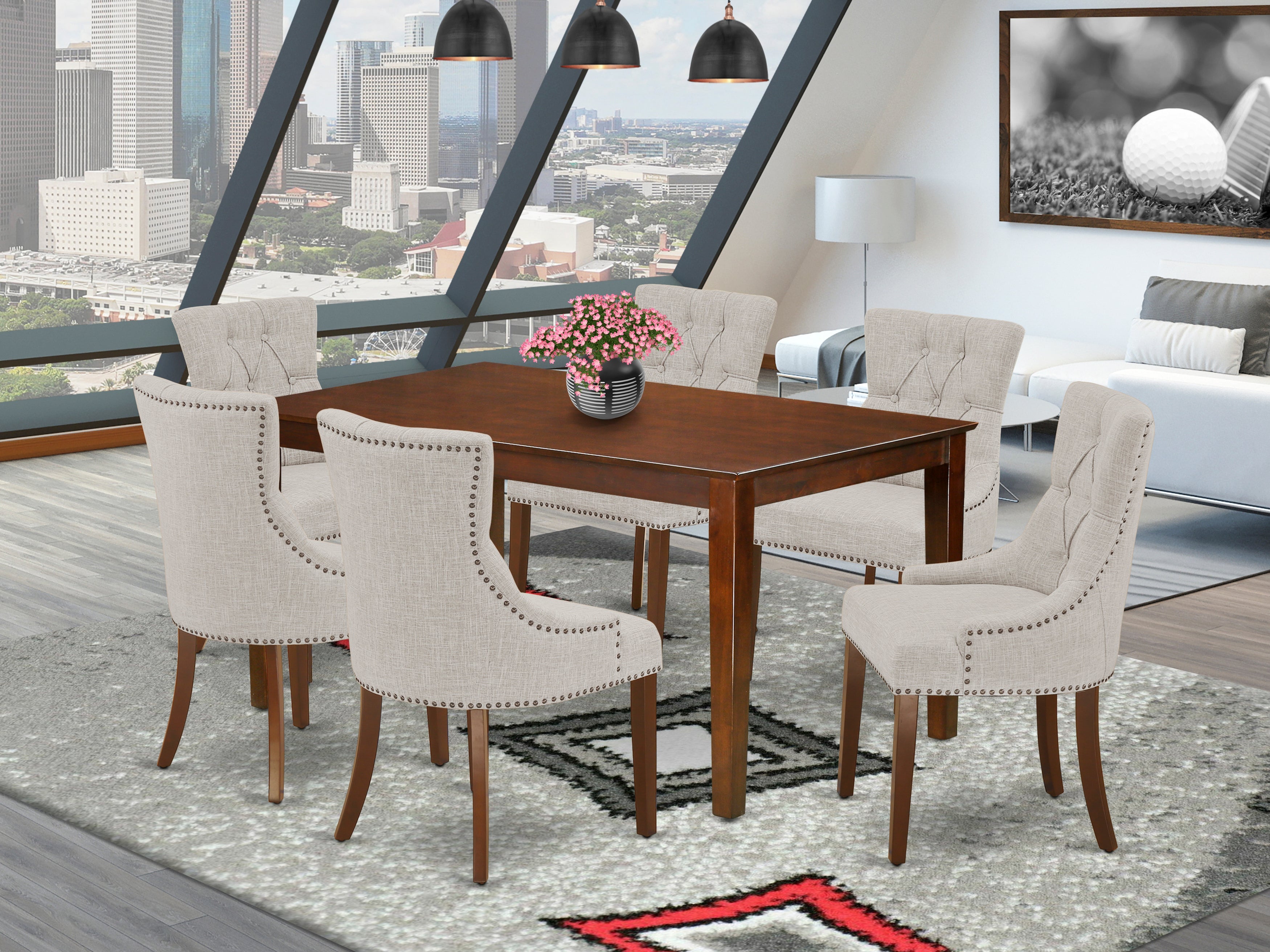 CAFR7-MAH-05 7Pc Dinette Set Includes a Rectangular Kitchen Table and Six Parson Chairs with Doeskin Fabric, Mahogany Finish