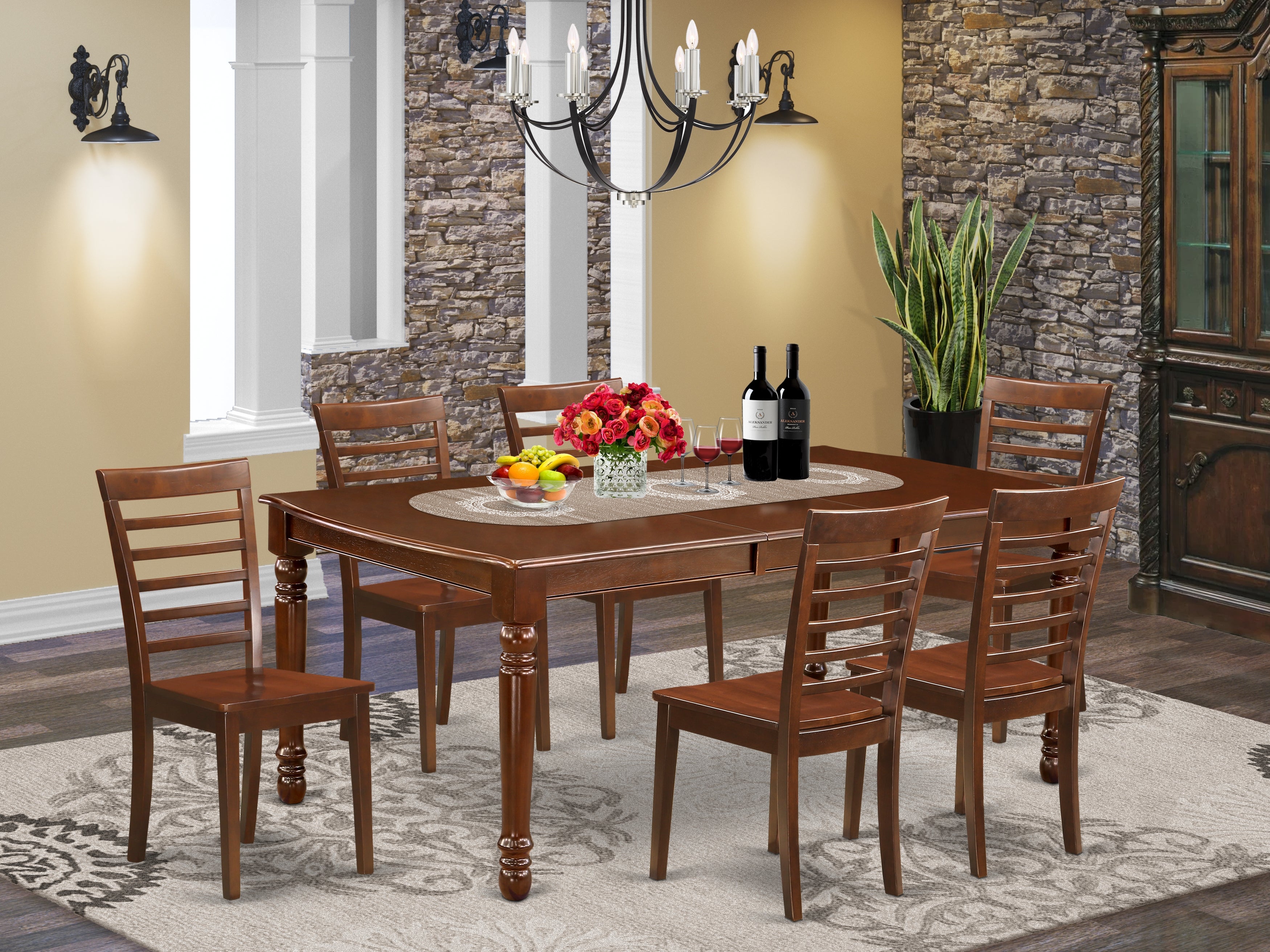 DOML7-MAH-W 7Pc Rectangle 60/78 Inch Dining Table With 18 In Butterfly Leaf And 6 Wood Seat Chairs