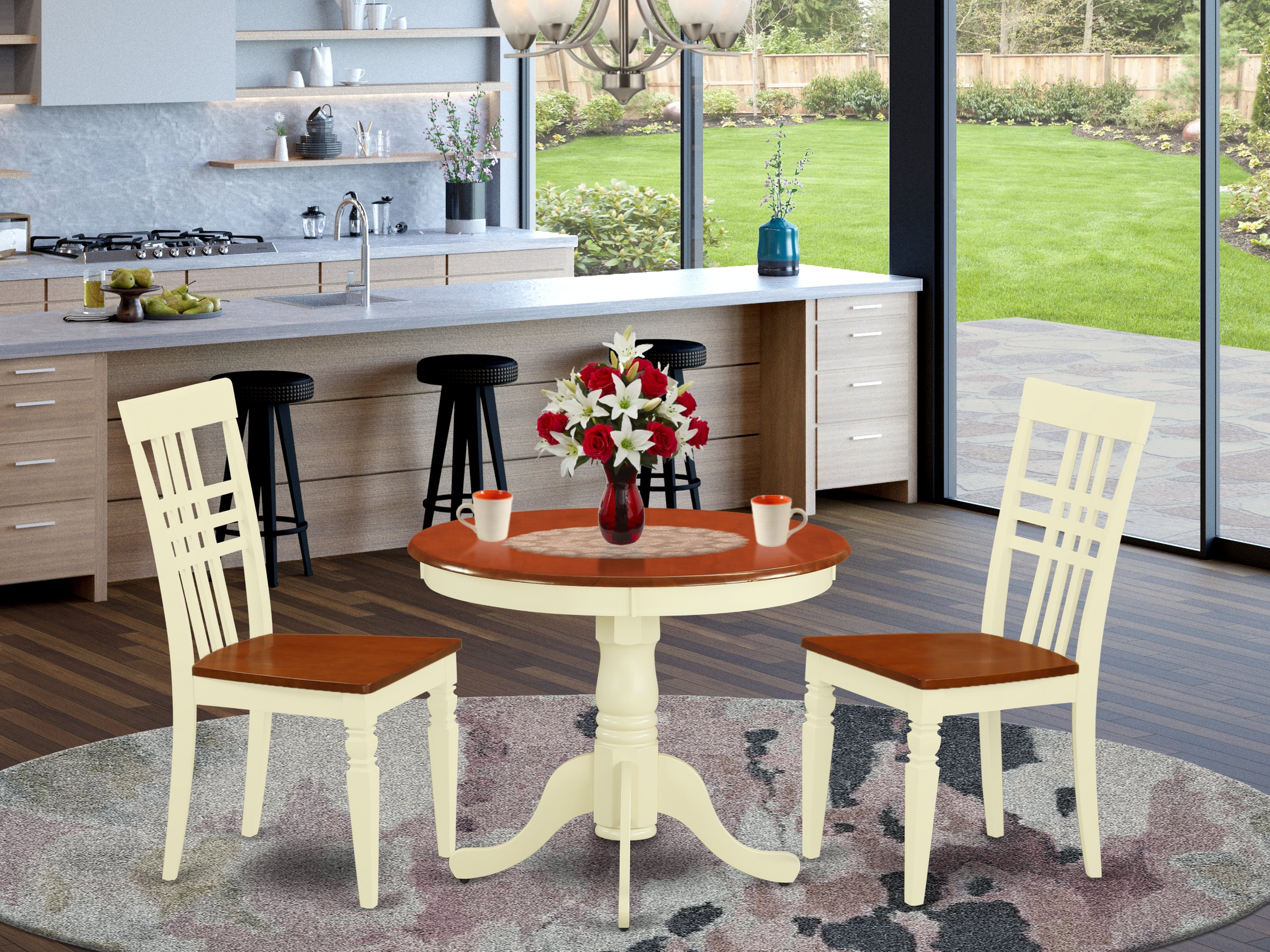 ANLG3-BMK-W 3 Pc Kitchen Table set with a Table and 2 Dining Chairs in Buttermilk and Cherry