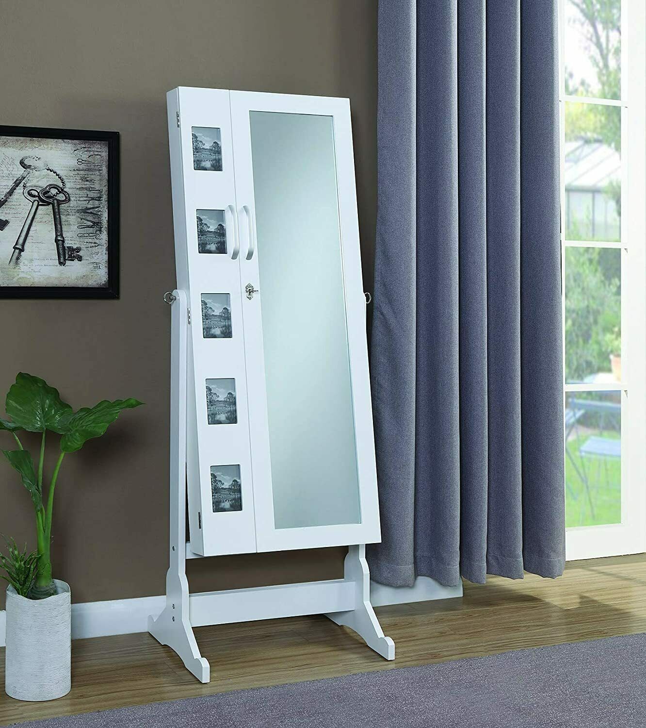 Free Standing Jewelry Storage Cheval Mirror with Picture Frames White