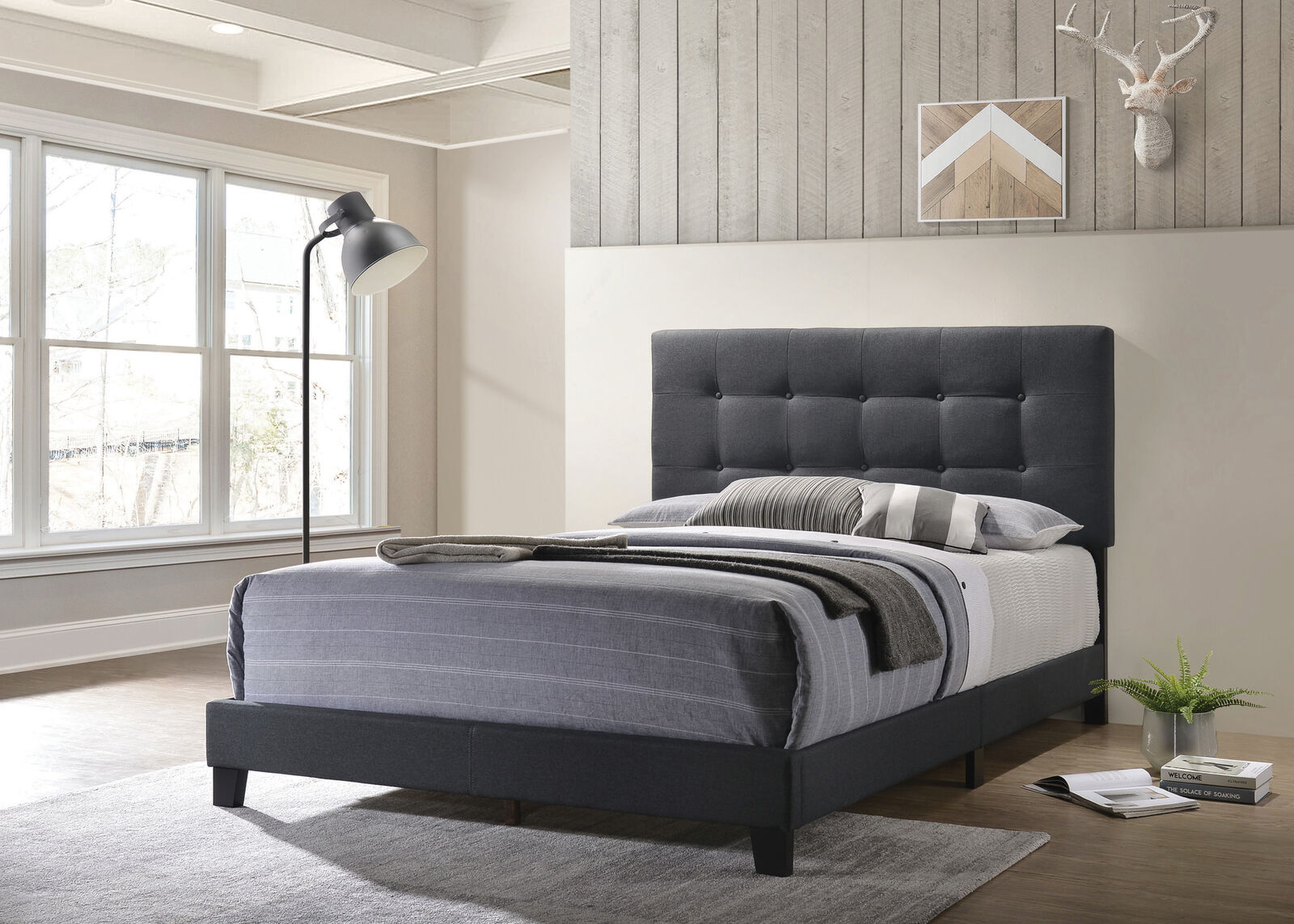 Platform Upholstered Gray Tufted Fabric Bed Frame Headboard King Queen Full Twin