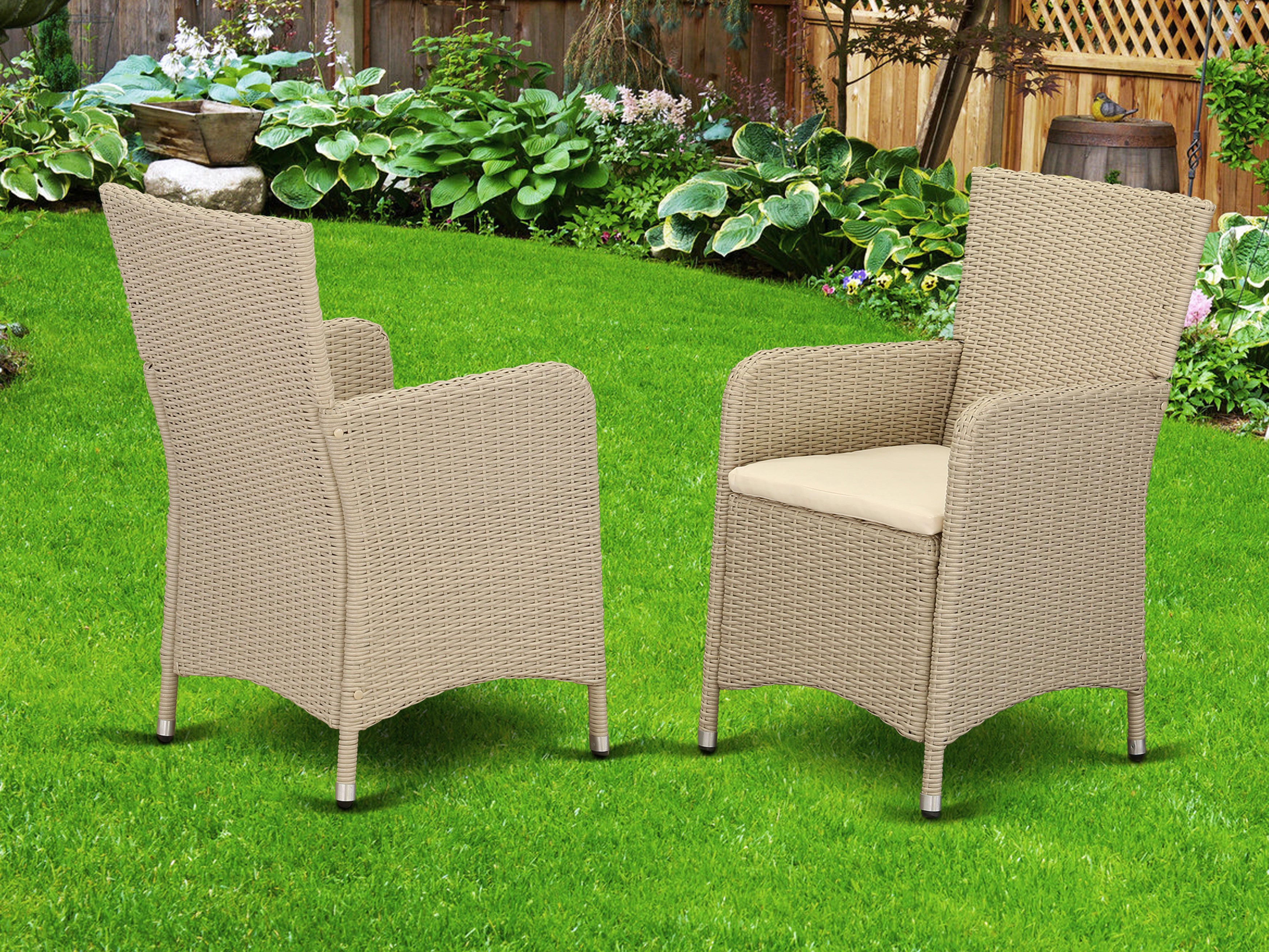 Luneburg Patio Bistro Wicker Dining Chairs with Cushion, Set of 2, Cream