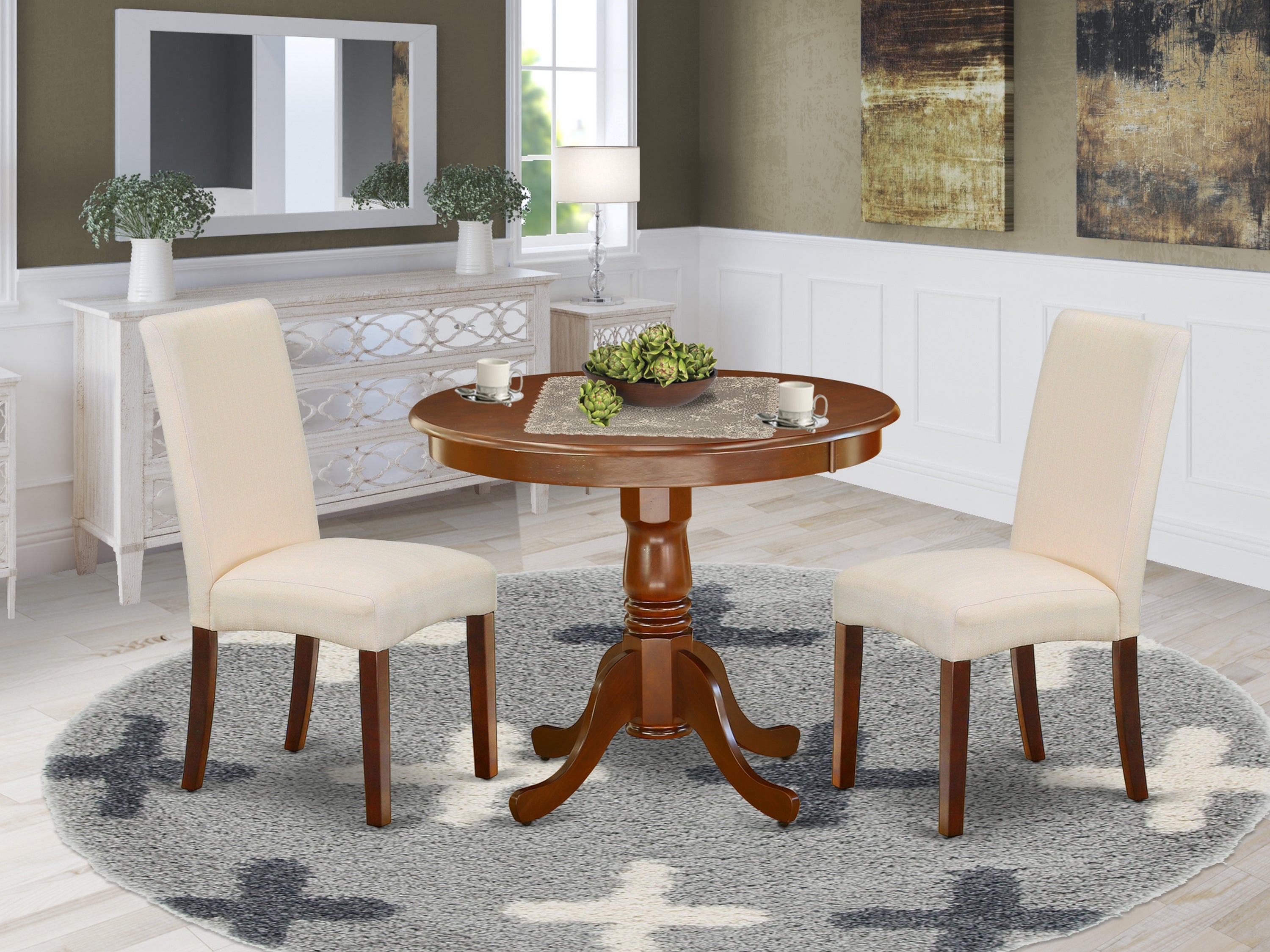 ANDR3-MAH-01 3Pc Round 36" Table And A Pair Of Parson Chair With Mahogany Finish Leg And Linen Fabric- Cream Color