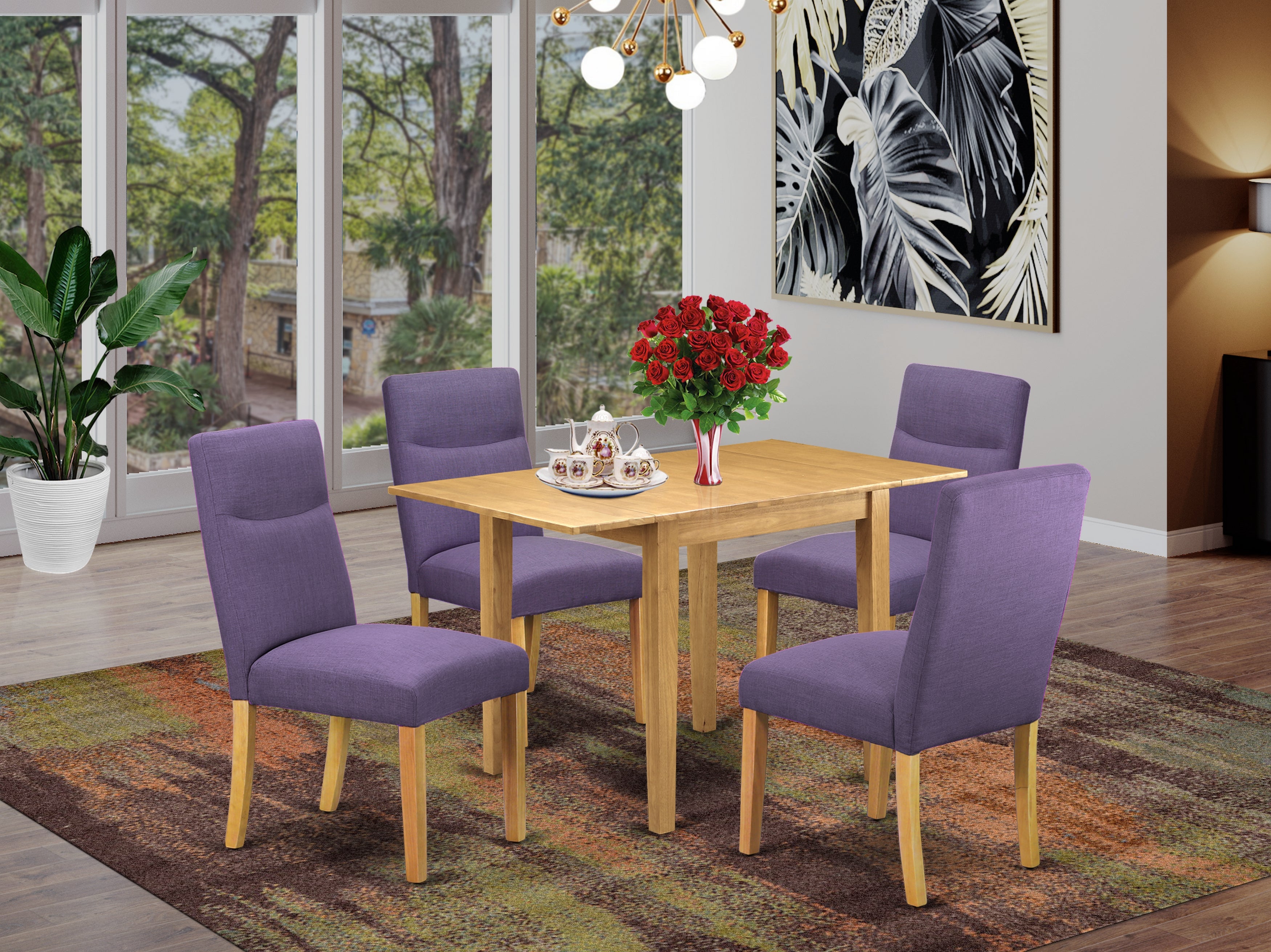 East West Furniture NDBE5-OAK-10 Dining Table Set 5 Pc - Four Dining Room Chairs and a Modern Dining Table - Oak Finish Wood - Dahlia Color Linen Fabric