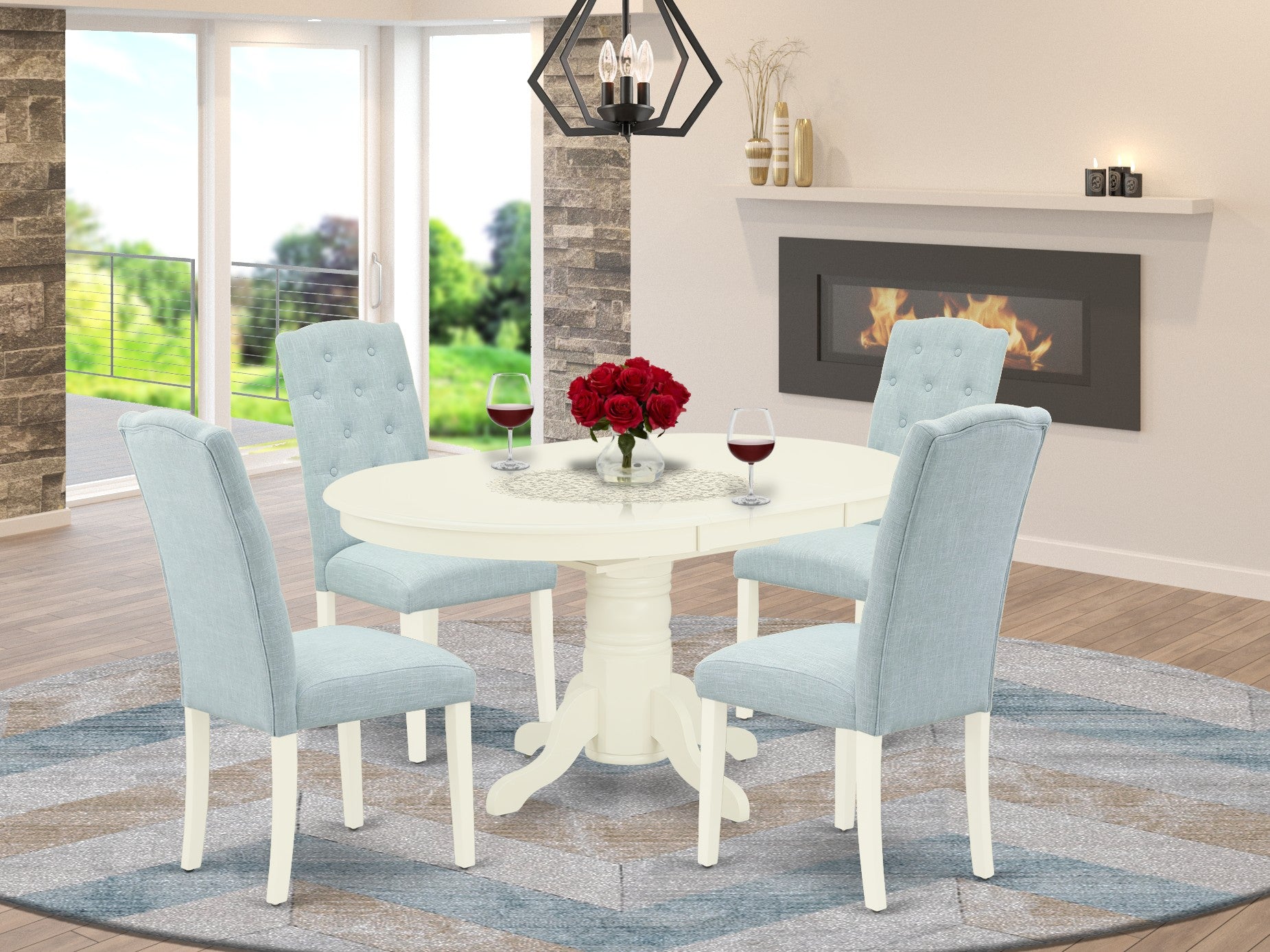 AVCE5-LWH-15 5Pc Dining Set Includes an Oval Dinette Table with Butterfly Leaf and Four Parson Chairs with Baby Blue Fabric, Linen White Finish