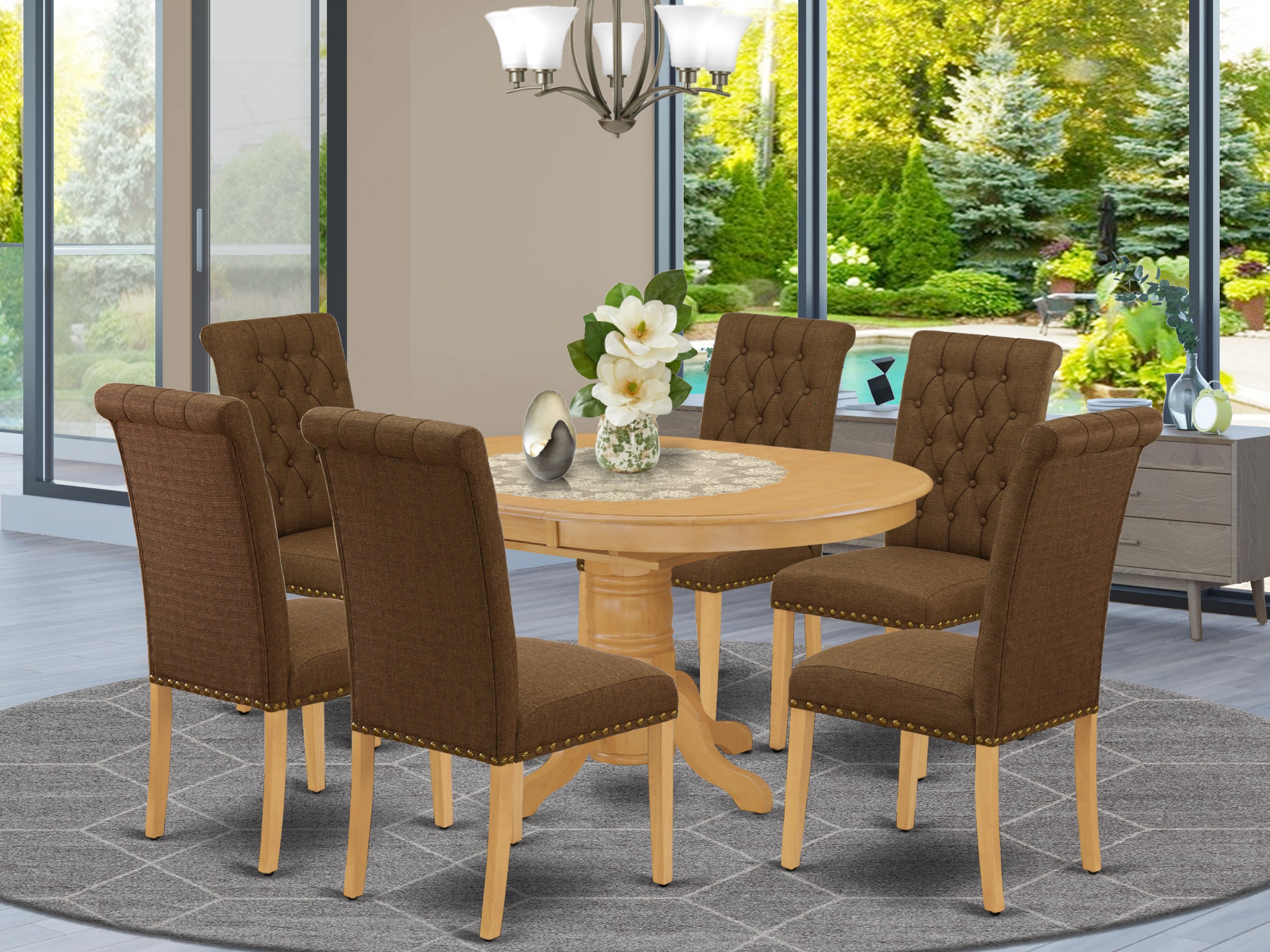 AVBR7-OAK-18 7Pc Dinette Set Includes an Oval Kitchen Table with Butterfly Leaf and Six Parson Chairs with Dark Coffee Fabric, Oak Finish